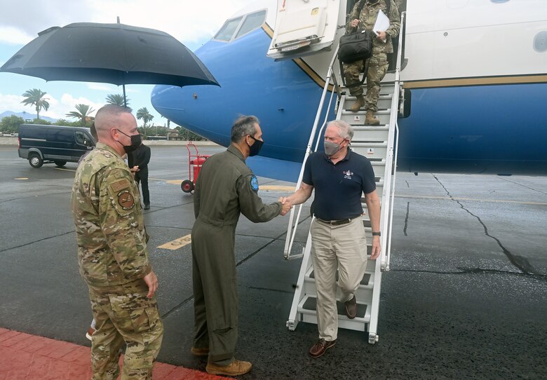 Secretary of the Air Force Frank Kendall greets Gen. Ken Wilsbach, Pacific Air Forces commander after arriving at Joint Base Pearl Harbor-Hickam, Hawaii, Aug. 16, 2021. During the visit, Kendall emphasized the importance of diversity and inclusion, innovation, Airmen readiness, and embracing U.S. relationships with allies and partners to ensure a free and open Indo-Pacific region. (U.S. Air Force photo by Wayne Clark)