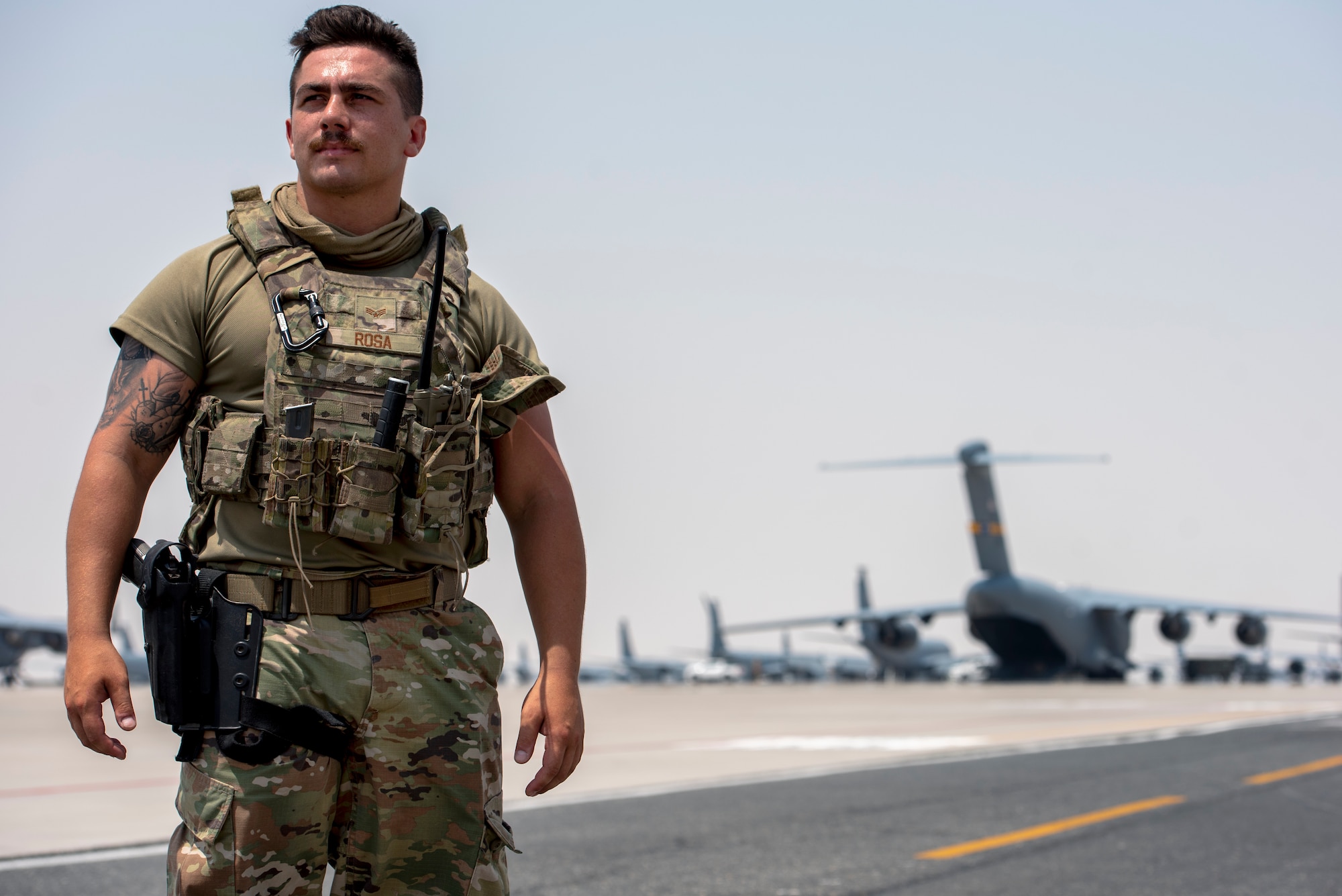"Hands down the most fulfilling experience I've had in my entire life is helping these people out of Afghanistan. We all miss our families back home, but helping the evacuees is a part of something bigger than ourselves. Seeing small children in need of food and water and people who want to flee their country so bad that they are willing to risk their lives...it's truly humbling," said Senior Airmen Brett Rosa, 379th Expeditionary Security Forces Squadron response force leader. Rosa's home station is Nellis Air Force Base, Nevada with the 99th Security Forces Squadron.