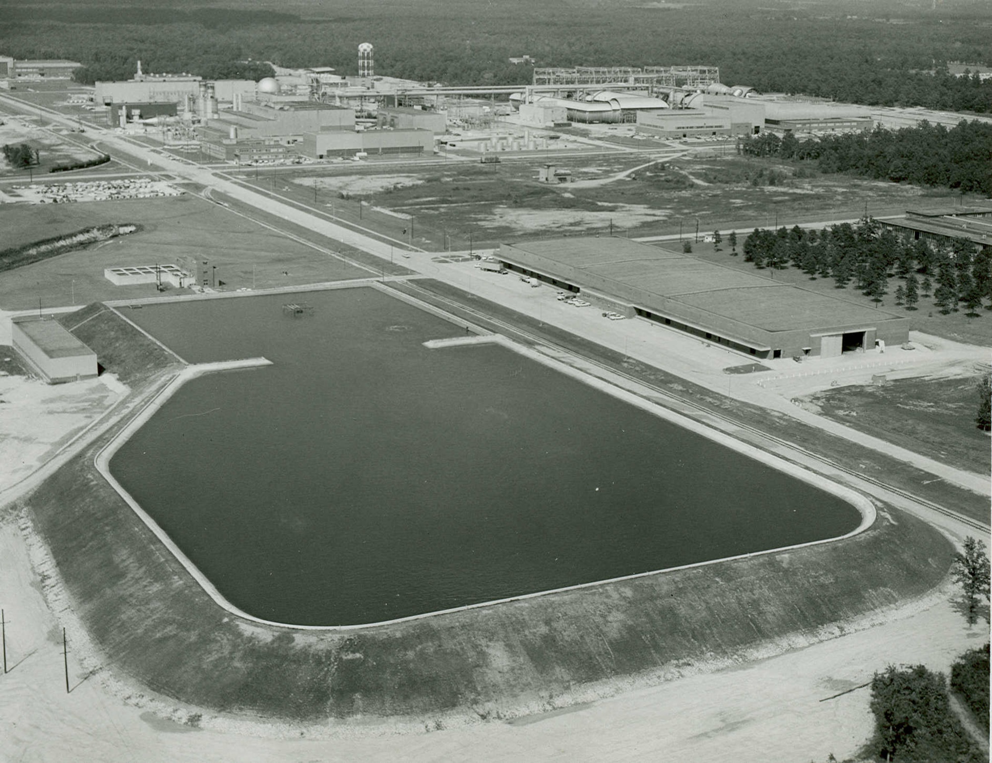 This photo from 1961 shows how the secondary reservoir on Arnold Air Force Base appeared following the completion of a 45-million gallon capacity addition to the original 13-million gallon reservoir. (U.S. Air Force photo)