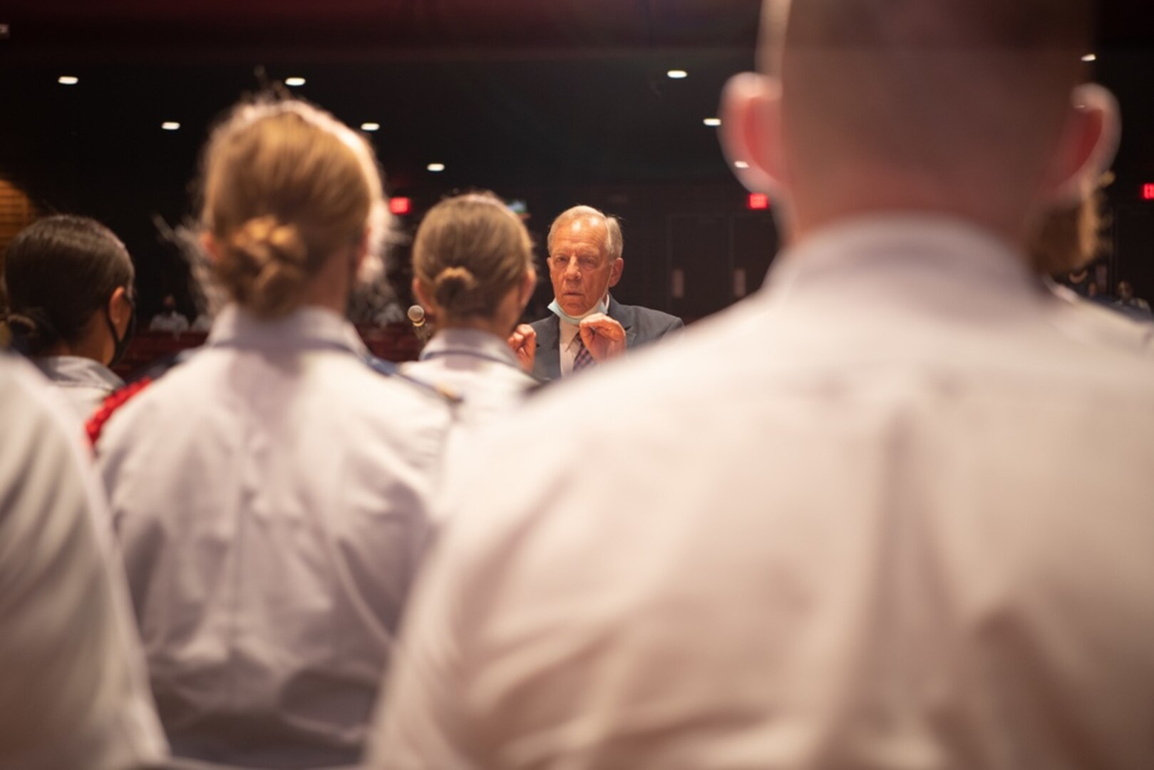 Dr. Bob Newton, Director of Cadet and Vocal Music at the U.S. Coast Guard Academy, at his retirement ceremony, Aug. 27, 2021. Newton, enlisted in the Coast Guard in 1969 eventually becoming a U.S. Coast Guard musician and his career spanned five decades at the Coast Guard Academy. (U.S. Coast Guard photo by Petty Officer 3rd Class Matthew Abban)