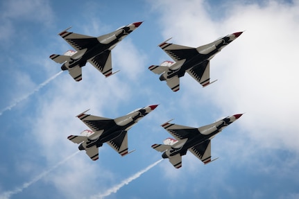 The Thunderbirds fly in formation at the Sound of Speed Air Show in  St. Joseph, Missouri, May 2, 2021.