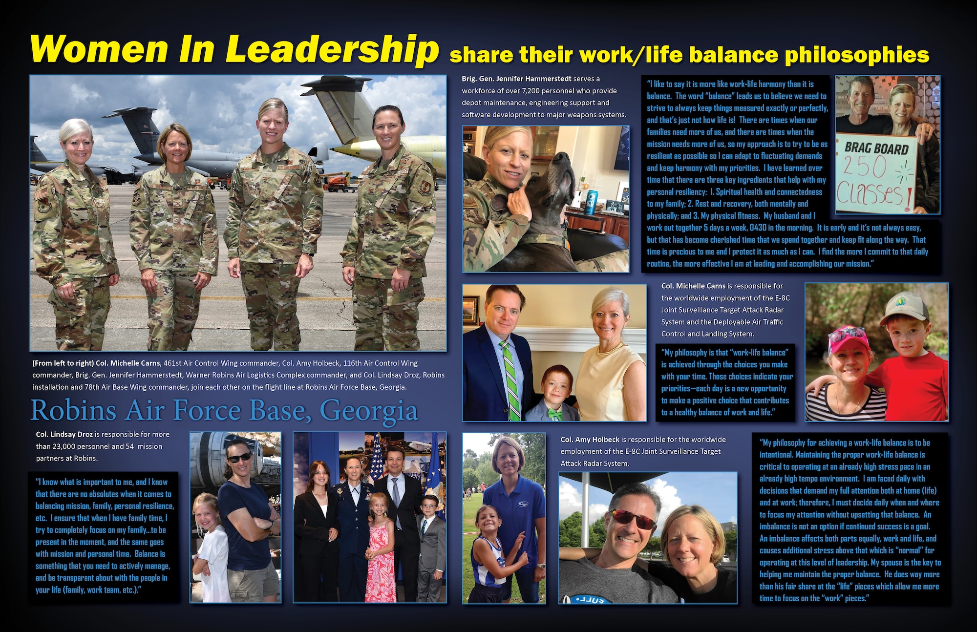 Graphic has multiple personal pictures and a group picture along with quotes about work-life philosophy from each commander.