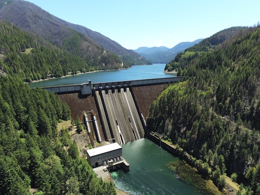 Lookout Point Dam's reservoir is currently 34% full, as of August 12 (photo from May 5 when the reservoir was 52% full). The Willamette Valley Project struggled to refill its system-wide reservoirs prior to the summer conservation season; however, the U.S. Army Corps of Engineers’ adaptive management strategy, in close coordination with other federal partners, allowed for it to release minimum flows earlier in the season. This has helped with salmon migration, water supply and other downstream uses, which may not have been an option without reservoirs. (U.S. Army photo by Tom Conning)