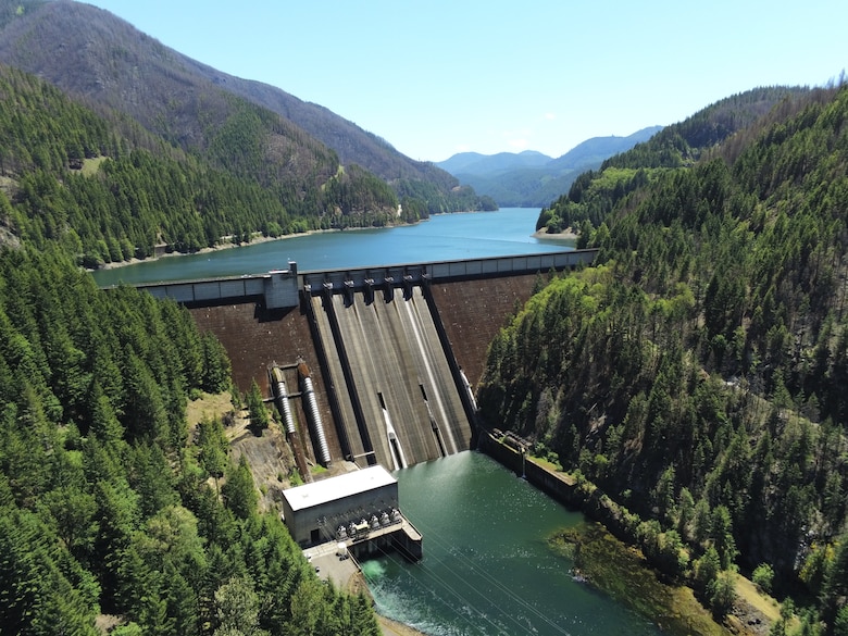 Detroit Dam, east of Salem, Ore. impounds water from the North Santiam River. Its large storage reservoir allows downstream users to have a consistent amount of water year-round but especially during long, hot summers and droughts. According to public scoping comments from city of Salem officials during a U.S. Army Corps of Engineers Draft Environmental Impact Statement (page 246) for downstream fish passage at Detroit Dam, the city’s intake for drinking water needs 750 cubic feet per second to operate (as of August 9, the combined tributaries of the North Santiam and Little North Santiam rivers were providing 413 cubic feet per second of water). (U.S. Army photo by Todd Manny)