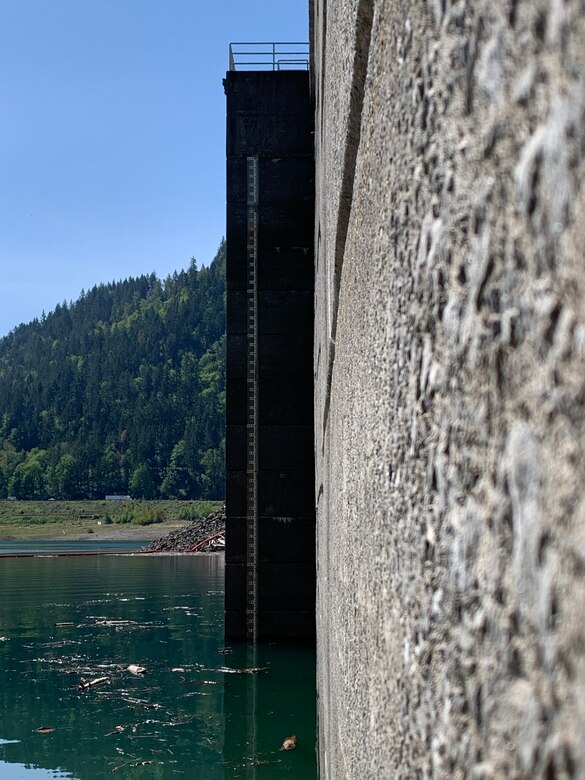 Lookout Point Dam's reservoir is currently 34% full, as of August 12 (photo from May 5 when the reservoir was 52% full). The Willamette Valley Project struggled to refill its system-wide reservoirs prior to the summer conservation season; however, the U.S. Army Corps of Engineers’ adaptive management strategy, in close coordination with other federal partners, allowed for it to release minimum flows earlier in the season. This has helped with salmon migration, water supply and other downstream uses, which may not have been an option without reservoirs. (U.S. Army photo by Tom Conning)