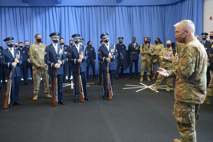 U.S. Air Force Maj. Gen. Joel Jackson, Air Force District of Columbia commander, right, speaks with United States Air Force Honor Guard Airmen at Joint Base Anacostia-Bolling, Aug. 24, 2021. The AFDW command team visited various sections of the wing and selected base mission partners during a two-day immersion tour to listen, learn, take questions, and recognize the achievements of unit Airmen and mission partners. (U.S. Air Force photo by Benjamin Matwey)