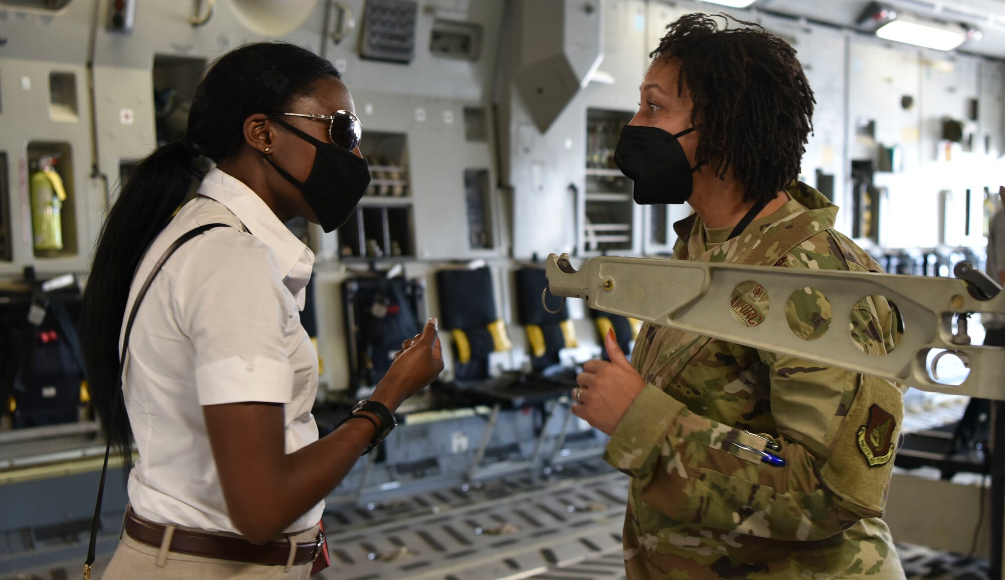 U.S. Air Force Chief Master Sgt. Sheronne L. King, 15th Wing command chief, discusses the mission of the 15th Wing withU.S. staff delegation members of the House Appropriations Committee at Joint Base Pearl Harbor-Hickam, Hawaii, Aug. 19, 2021. The purpose of the visit was to see how the 15th Wing and Hawaiian Air National Guard utilize Total Force Integration to accomplish the mission to ensure a free and open Indo-Pacific. 

(U.S. Air Force photo by Tech. Sgt. Anthony Nelson Jr.)