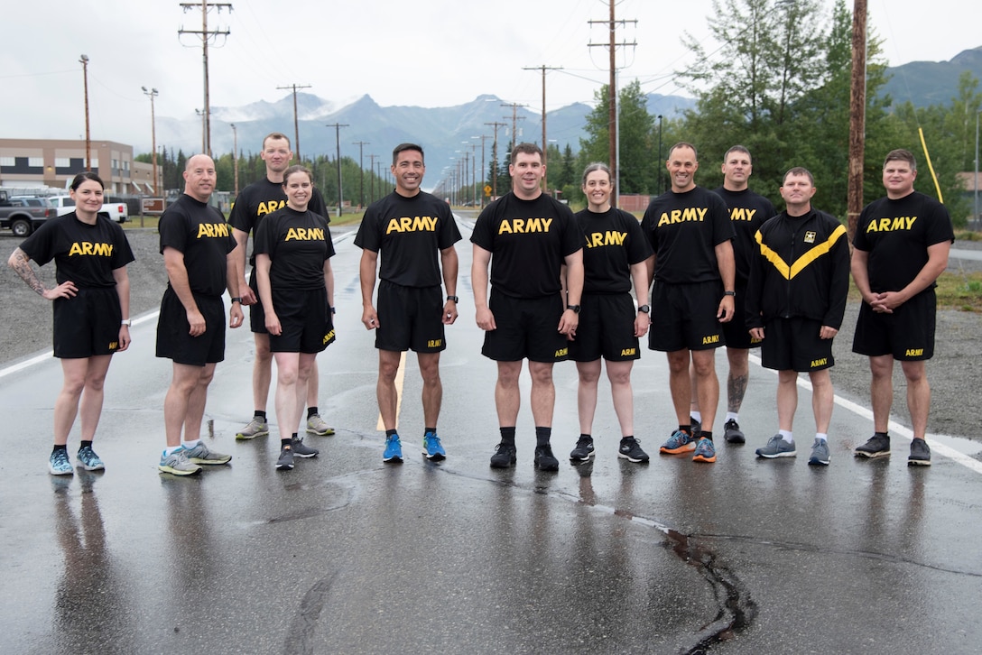 Maj. Virginia Brickner, deputy commander for the U.S. Army Corps of Engineers – Alaska District, pulls a 90-pound sled during the sprint-drag-carry portion of the Army Combat Fitness Test on Aug. 17 at Joint Base Elmendorf Richardson.