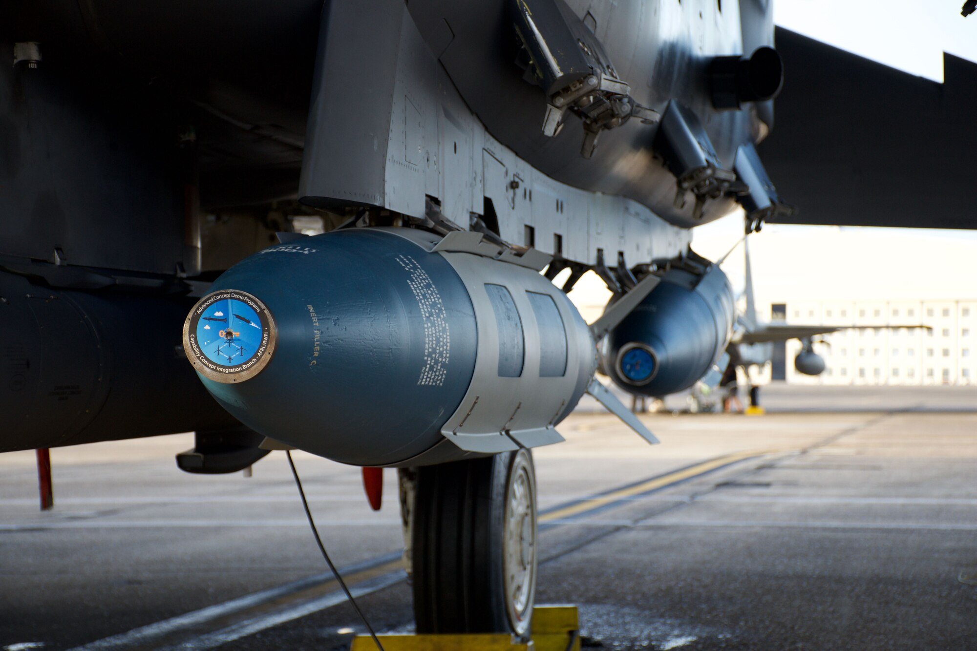 The 85th Test and Evaluation Squadron partnered with the  Air Force Research Laboratory to equip the F-15E Strike Eagle with modified 2,000-pound GBU-31 Joint Direct Attack Munitions. The goal of this test was to validate a new way to employ air-delivered munitions on ships that will change the maritime target lethality paradigm. (U.S. Air Force photo by 1st Lt Lindsey Heflin)