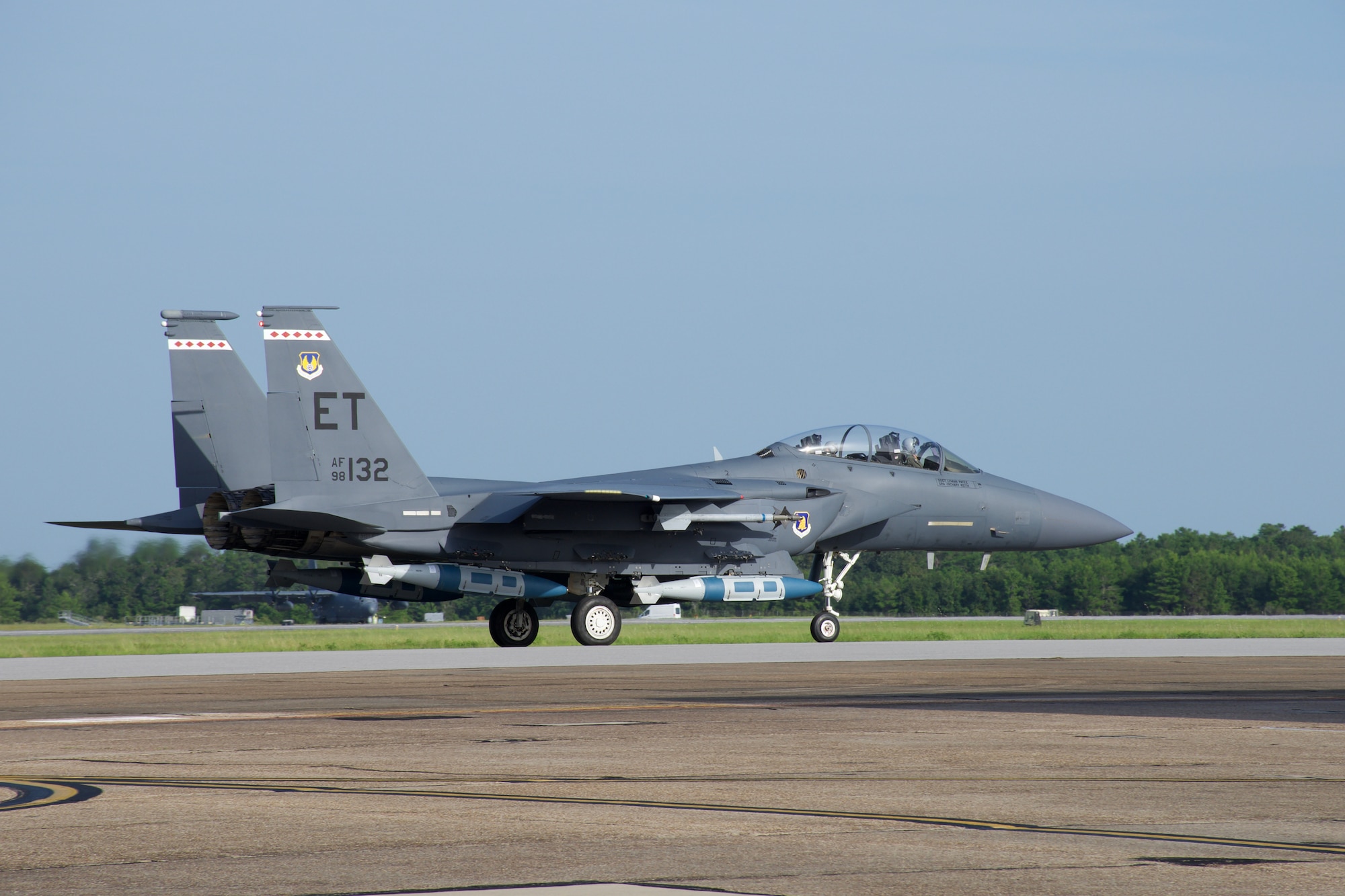 The 85th Test and Evaluation Squadron partnered with the  Air Force Research Laboratory to equip the F-15E Strike Eagle with modified 2,000-pound GBU-31 Joint Direct Attack Munitions. The goal of this test was to validate a new way to employ air-delivered munitions on ships that will change the maritime target lethality paradigm. (U.S. Air Force photo by 1st Lt Lindsey Heflin)