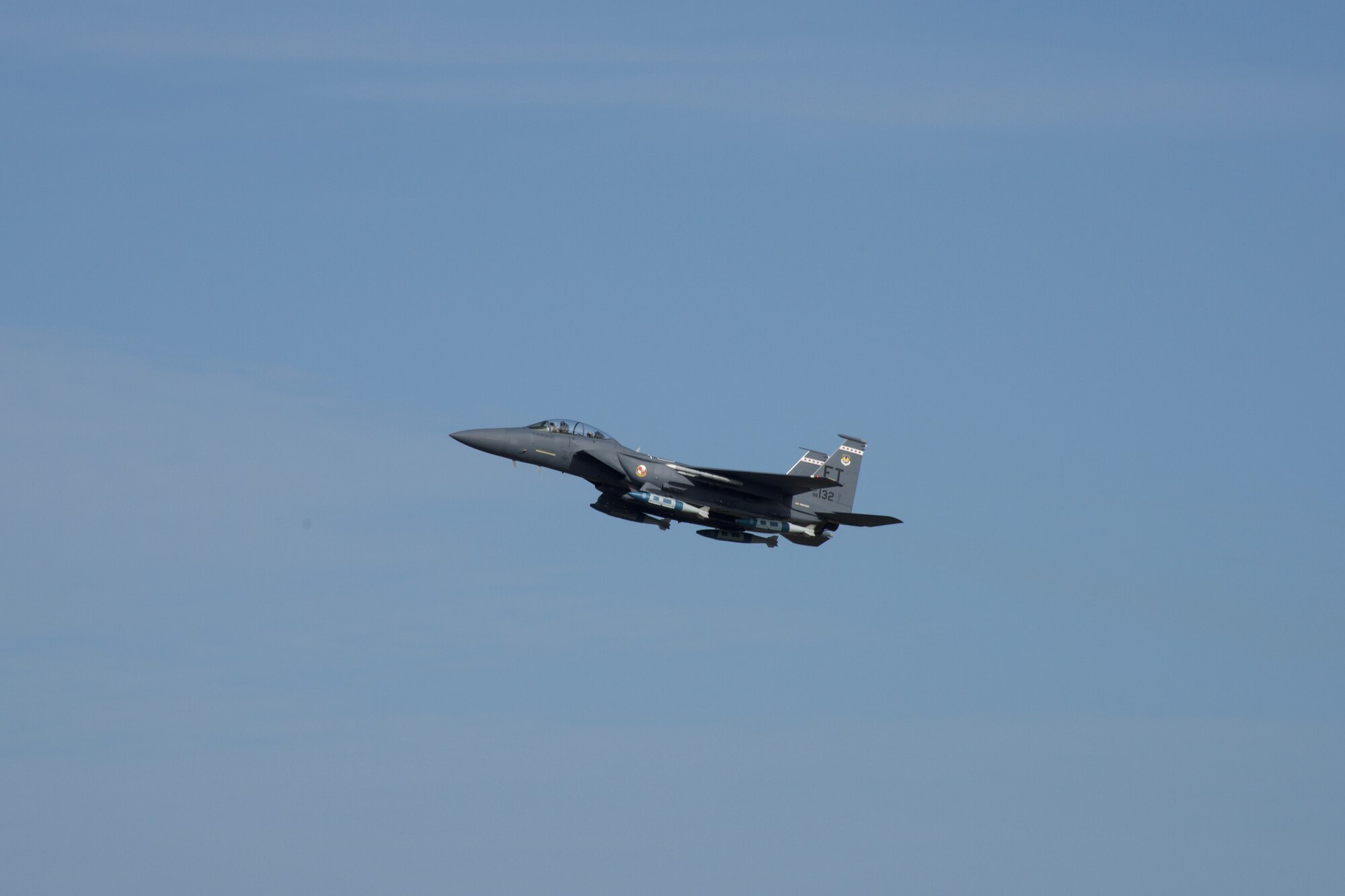 An F-15E Strike Eagle equipped with four modified 2,000-pound GBU-31 Joint Direct Attack Munitions takes off for the latest test as part of the QUICKSINK Joint Capability Technology Demonstration on Aug. 26, 2021. (U.S. Air Force photo by 1st Lt Lindsey Heflin)