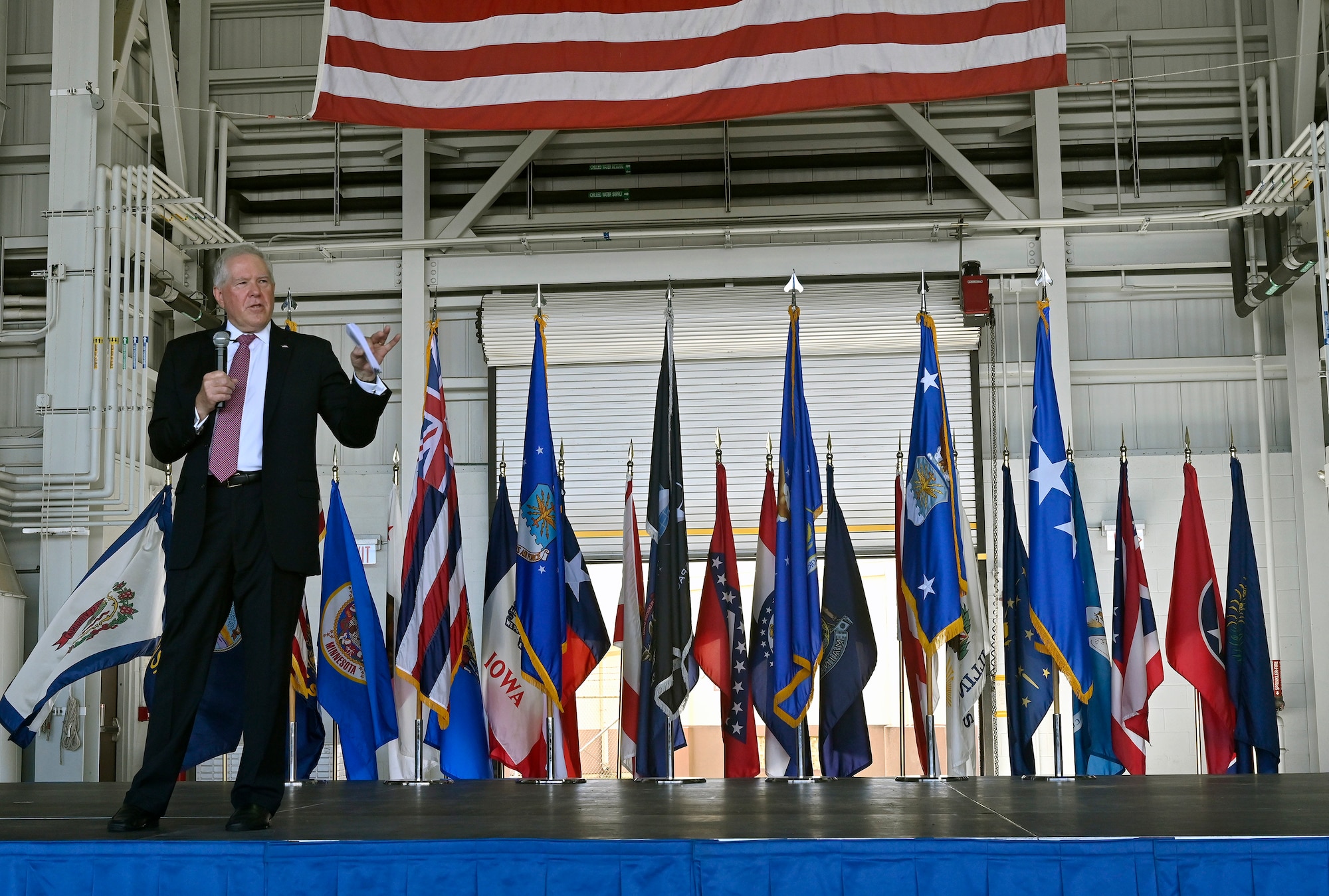 Secretary of the Air Force Frank Kendall shares his vision with Airmen during a town hall at Joint Base Pearl Harbor-Hickam, Hawaii, Aug. 17, 2021. Kendall visited the base to meet Airmen and Guardians and discuss activities aimed at enhancing interoperability with allies and partners to ensure peace and stability throughout the Indo-Pacific. (U.S. Air Force photo by Wayne Clark)