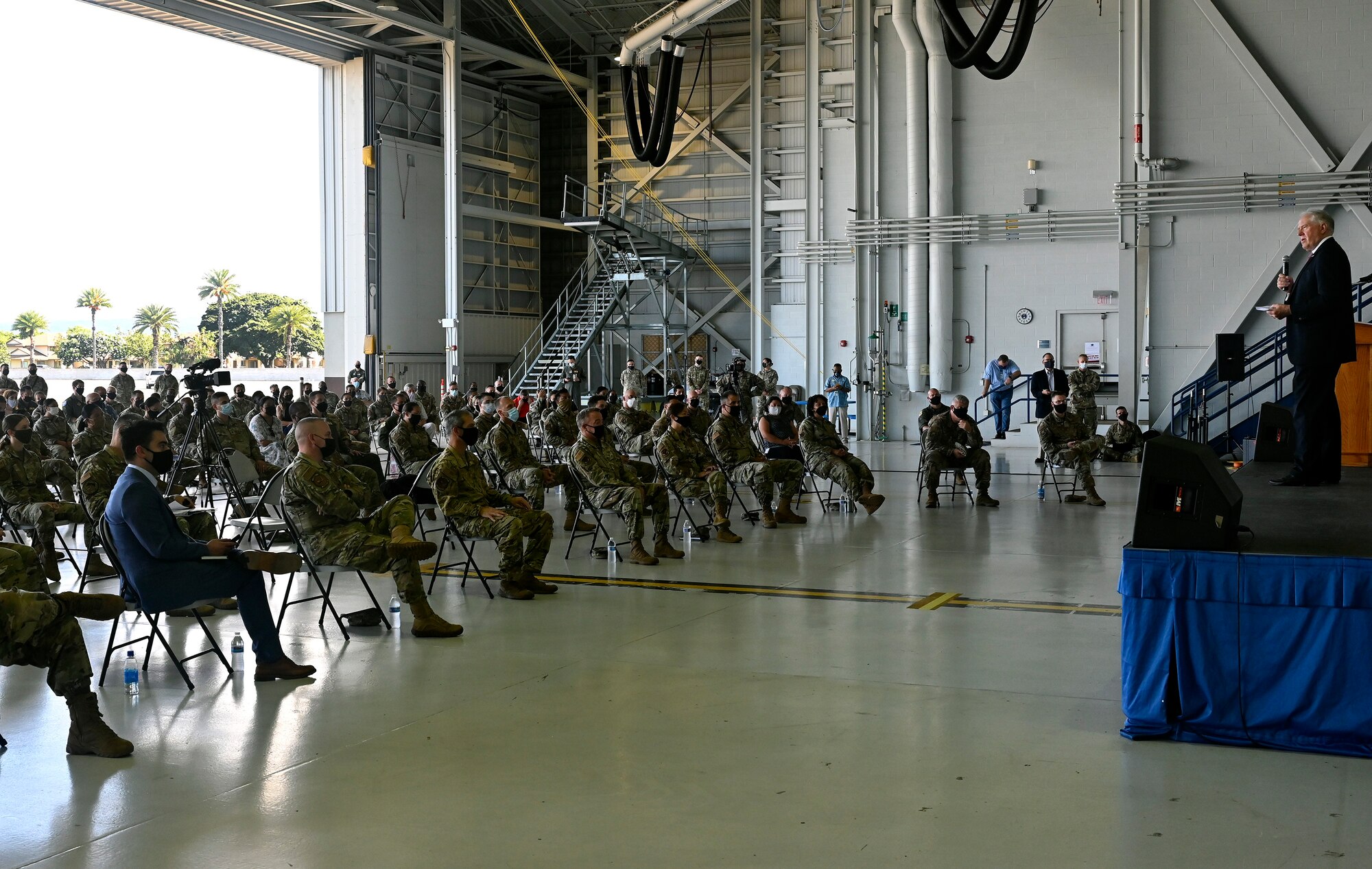 Secretary of the Air Force Frank Kendall shares his vision with Airmen during a town hall at Joint Base Pearl Harbor-Hickam, Hawaii, Aug. 17, 2021. Kendall visited the base to meet Airmen and Guardians and discuss activities aimed at enhancing interoperability with allies and partners to ensure peace and stability throughout the Indo-Pacific. (U.S. Air Force photo by Wayne Clark)