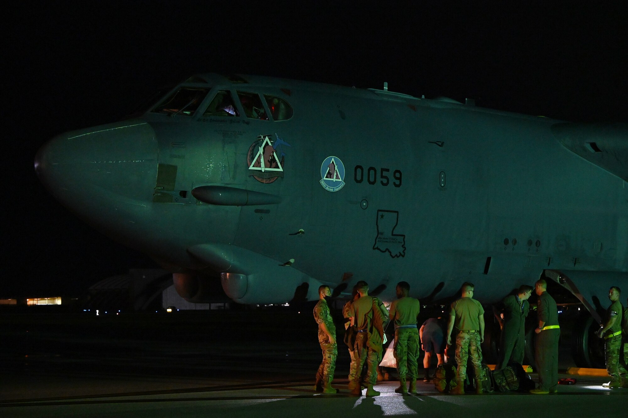 A U.S. Air Force B-52 Stratofortress from the 2nd Bomb Wing, Barksdale Air Force Base Louisiana, arrives at Andersen Air Force Base, Guam, in support of a Bomber Task Force deployment, Aug. 26, 2021. This deployment allows aircrew and support personnel to conduct theater integration and improve bomber interoperability with allies and partners. (U.S. Air Force photo by Staff Sgt. Alysia Blake)