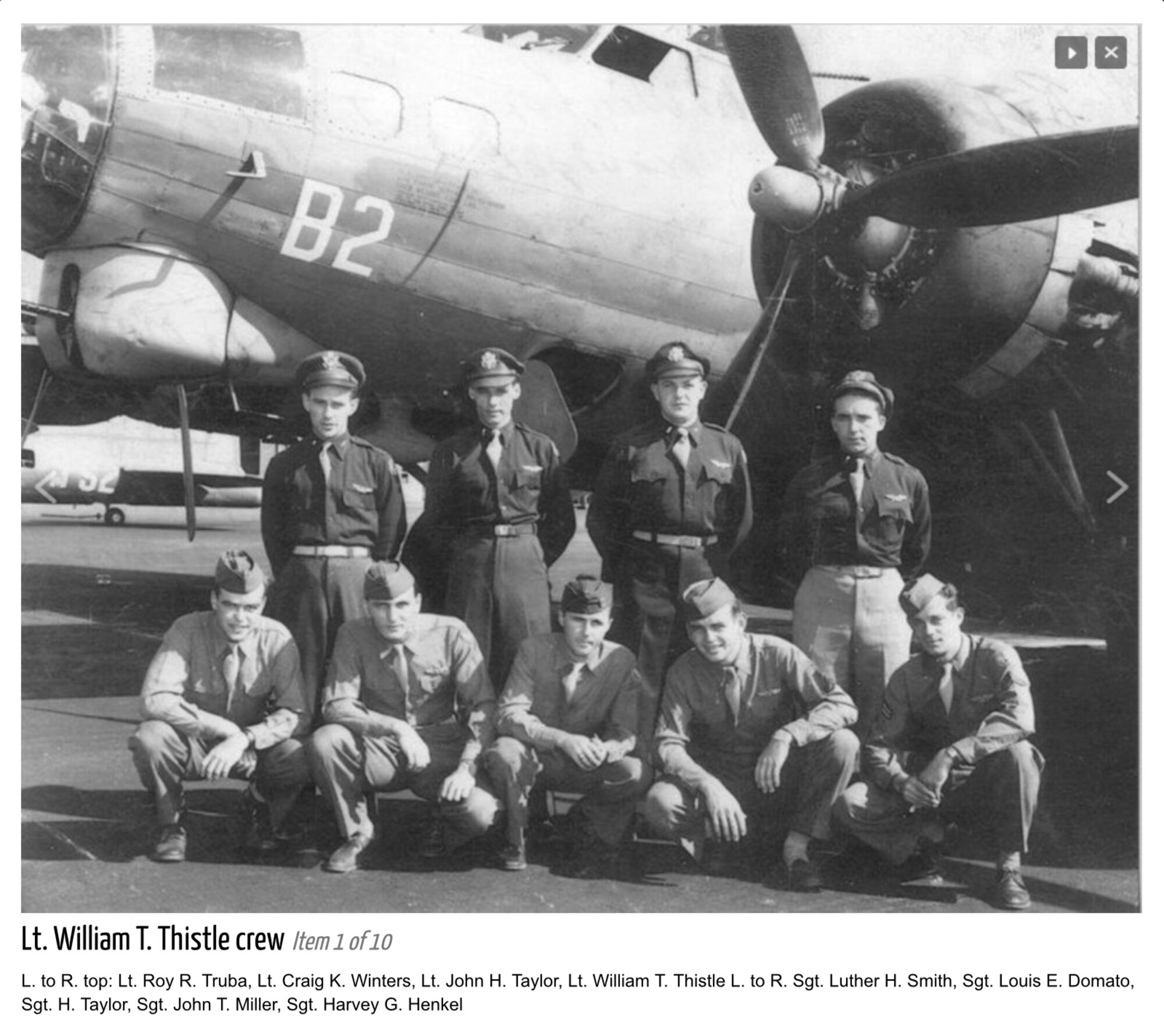 U.S. Army Air Forces crew assigned to the 457th Bombardment Group at  Royal Air Force Glatton, England, fly the B-17 Flying Fortress 44-8557 on a mission over Freising, Germany on Apr 18th, 1945. After completing the target drop, their B-17 was hit and the crew parachuted from the damaged plane. Sgt. John T. Miller, 748th Bombardment Squadron engineer, was killed in action. The rest of the nine members safely landed, but were taken prisoner by the Germans. They were liberated ten days later. (Courtesy Photo)