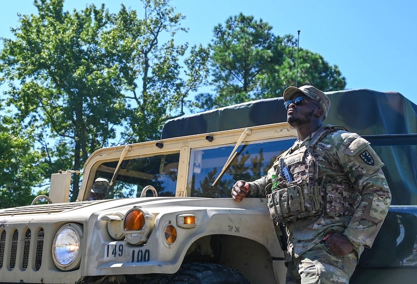 U.S. Army Soldiers assigned to the 149th Seaport Operations Company, 7th Transportation Brigade, leads a convoy during joint tactical convoy operations training at Joint Base Langley-Eustis, Virginia, August 19, 2021. The training taught communication procedures for improvised explosive devices and unexploded ordinance scenarios, how to fill out medevac reports and how to properly operate a radio. (U.S. Air Force photo by Senior Airman Sarah Dowe)