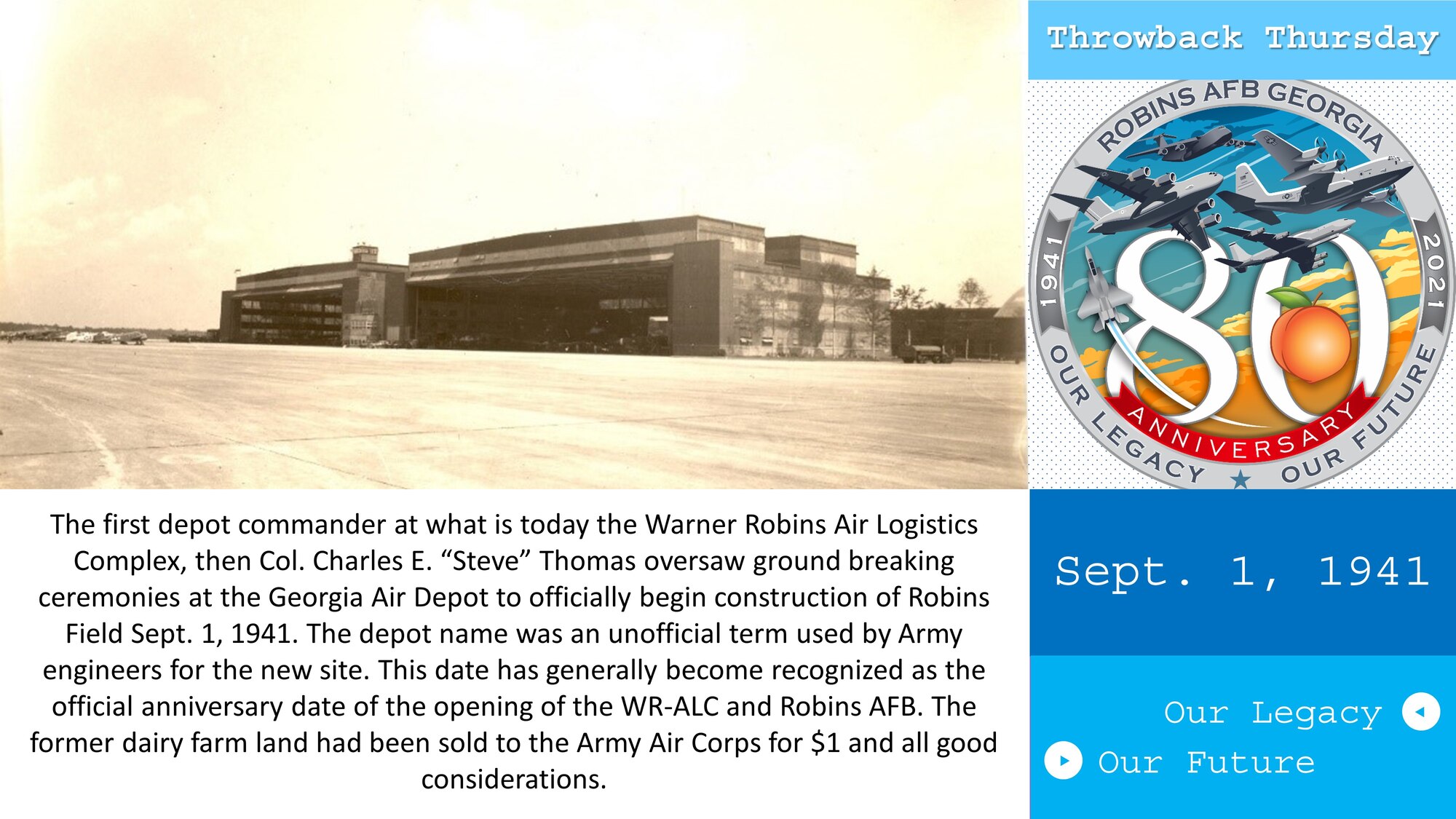 Graphic shows picture of first hangar at Robins AFB
