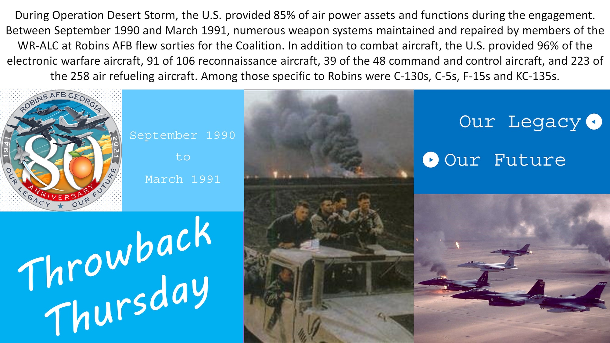 Graphic shows photos of aircraft and personnel from Desert Storm