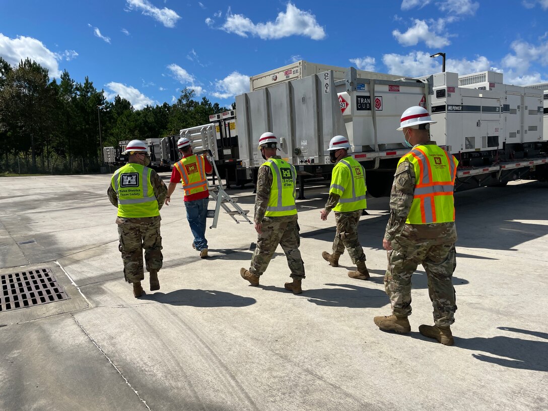 U.S. Army Corps of Engineer (USACE) Vicksburg District Commander Col. Robert Hilliard and Deputy District Engineer Ms. Pat Hemphill, met with USACE team members with the Tulsa and Mobile districts as well as the Charlie Company, 249th Engineer Battalion (Prime Power) at the Hurricane Ida Staging Area, Camp Shelby, Mississippi, Aug. 31, 2021.