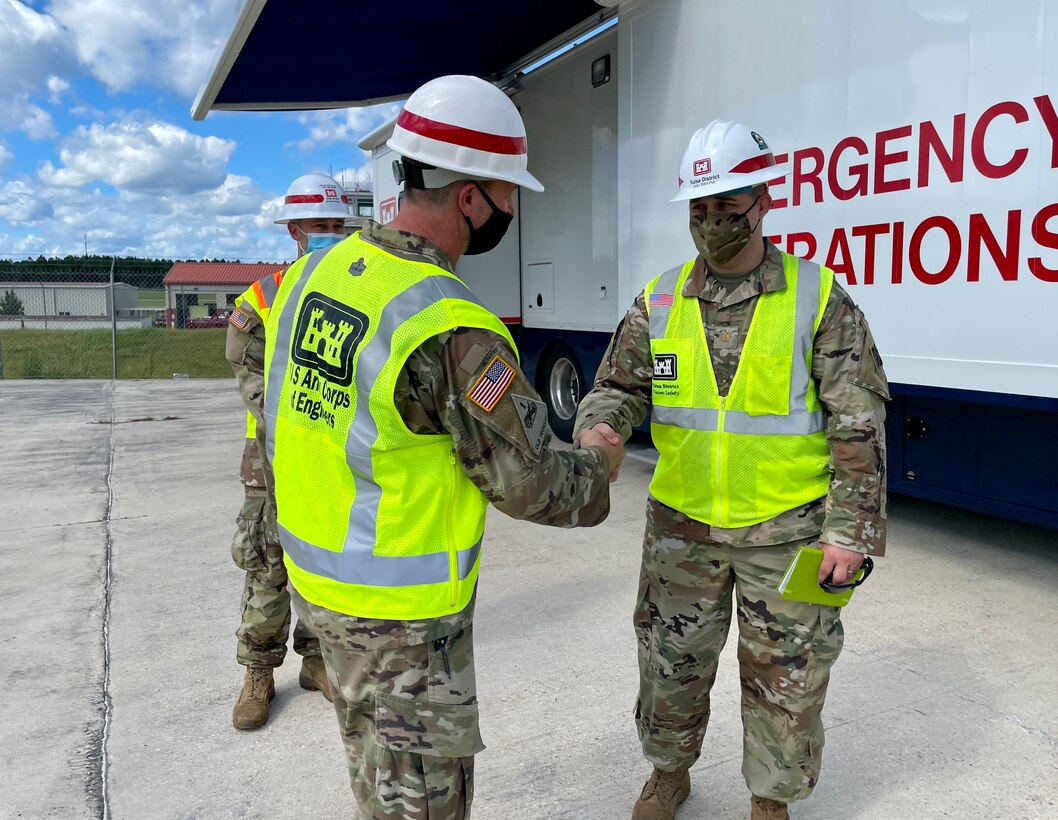 U.S. Army Corps of Engineer (USACE) Vicksburg District Commander Col. Robert Hilliard and Deputy District Engineer Ms. Pat Hemphill, met with USACE team members with the Tulsa and Mobile districts as well as the Charlie Company, 249th Engineer Battalion (Prime Power) at the Hurricane Ida Staging Area, Camp Shelby, Mississippi, Aug. 31, 2021.