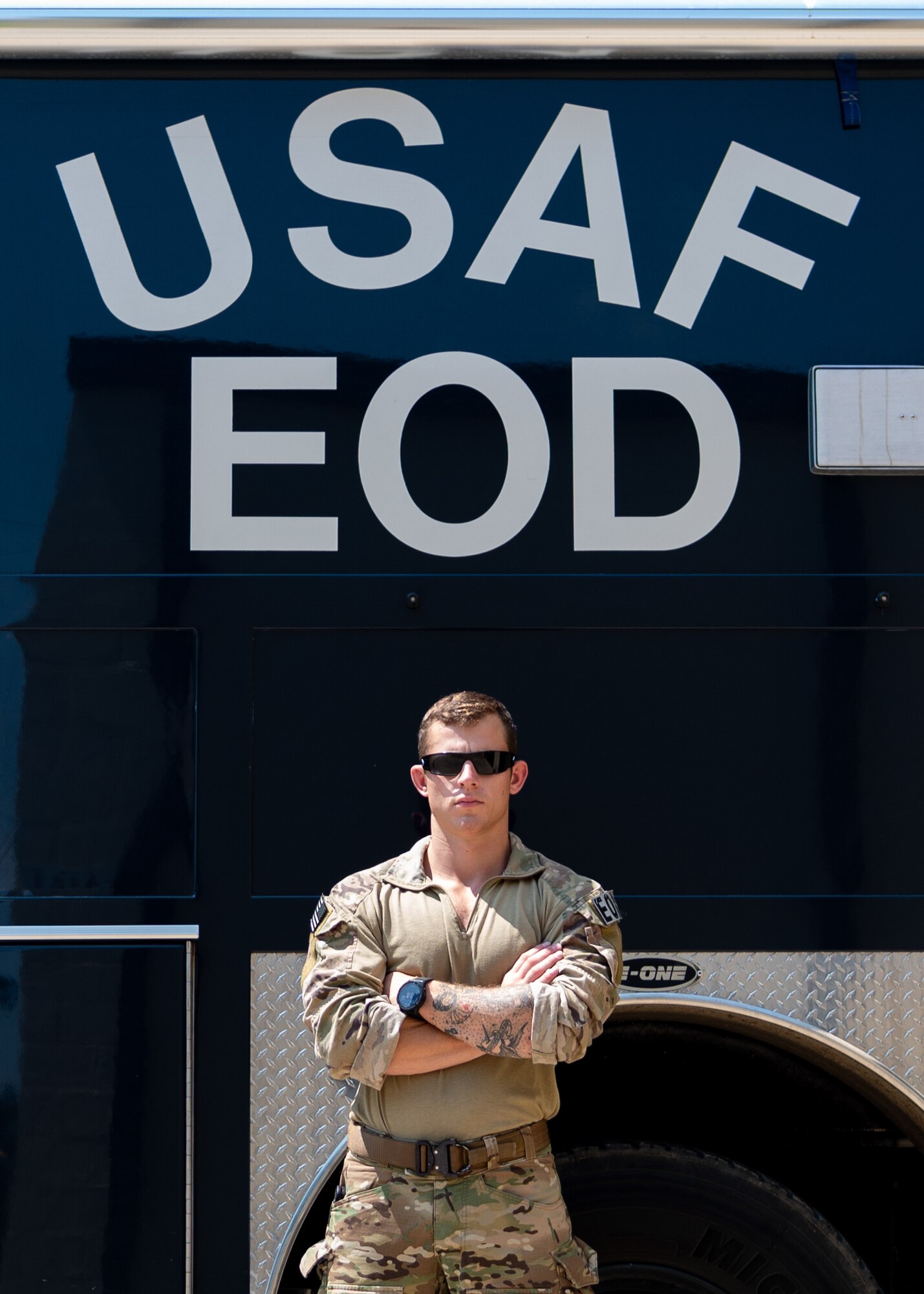 Senior Airman Brian Price, 4th Civil Engineer Squadron explosive ordnance disposal technician, poses for a photo at Seymour Johnson Air Force Base, North Carolina, Aug. 12, 2021. EOD is responsible for the construction, deployment, disarmament, and disposal of explosive hazards. (U.S. Air Force photo by Senior Airman David Lynn)