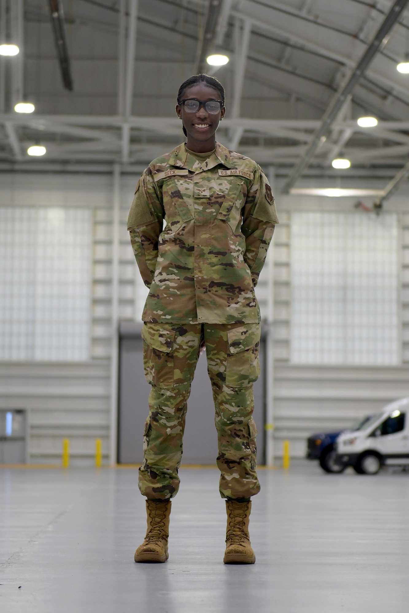 Senior Airman Diass Seck poses for a photo at Westover Air Reserve Base in Massachusetts.