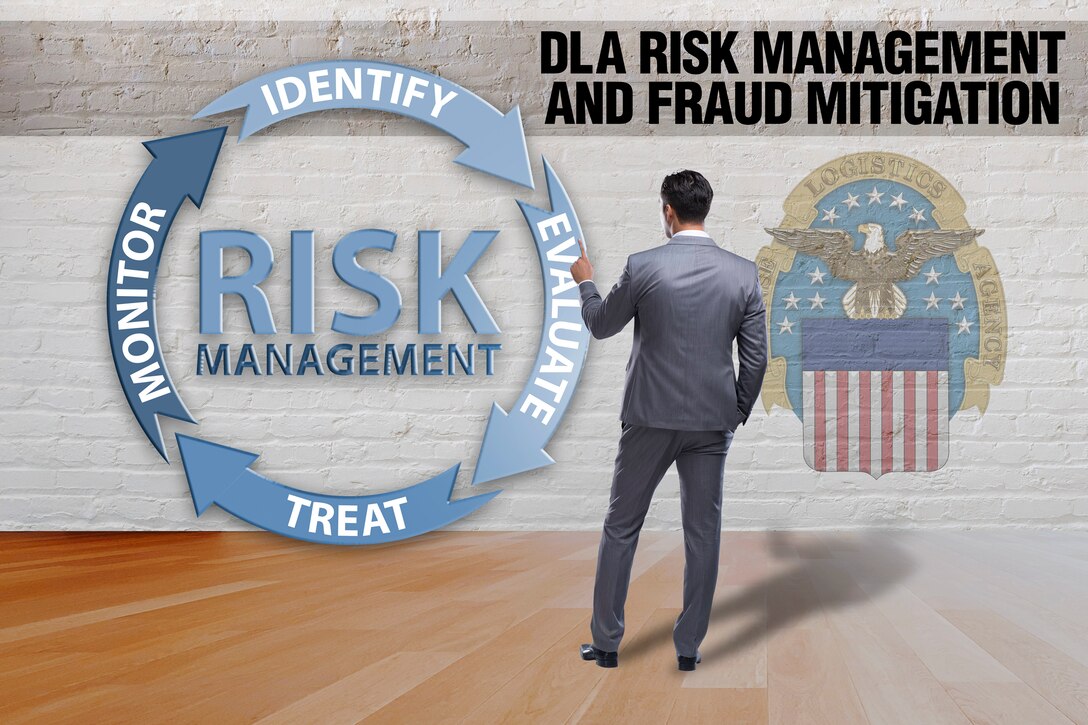 Graphic of a man standing in front of a circle on the wall that depicts the four aspects of risk management: identify, evaluate, treat, monitor.