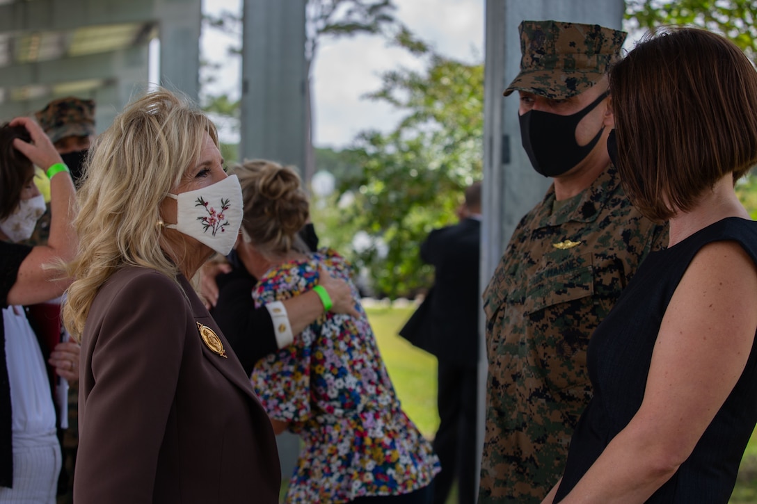 Dr. Jill Biden, first lady of the United States, meets with Sgt. Maj. Robert M. Tellez, sergeant major, Marine Corps Installations East-Marine Corps Base Camp Lejeune, and his wife Christina Tellez during a visit to the Midway Park Behavioral Health Complex on MCB Camp Lejeune, North Carolina, Sept. 1 2021.