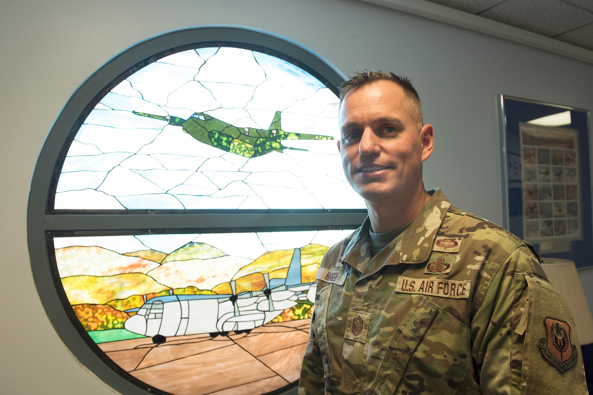 Senior Master Sgt. Michael Hagen, 193rd Force Support Squadron Senior Enlisted Leader, stands in the hallway as he reflects on his memories from Sept. 11, 2001. (U.S. Air National Guard photo by Master Sgt. Matt Schwartz)
