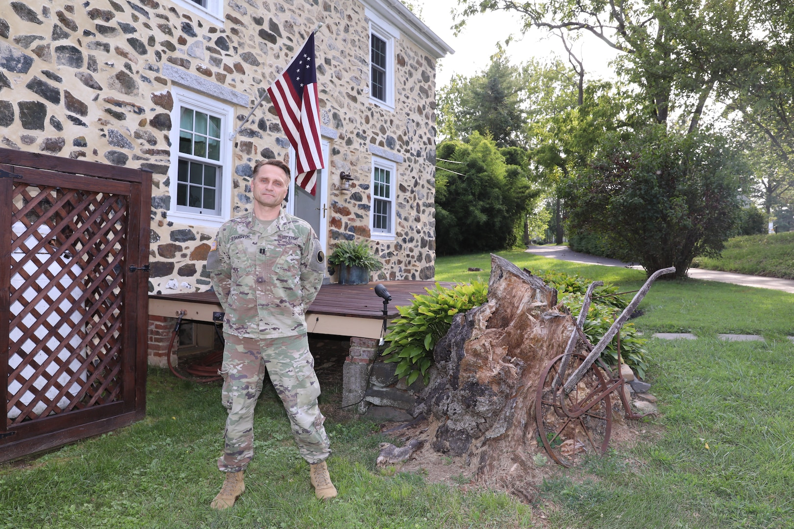 U.S. Army Capt. Fiodor Strikovski, military intelligence officer, 29th Combat Aviation Brigade, Maryland National Guard, in front of his home in Fallston, Maryland, Aug. 6, 2021. Before Strikovski moved to America and joined the MDNG, he served in the Moldovan Army.