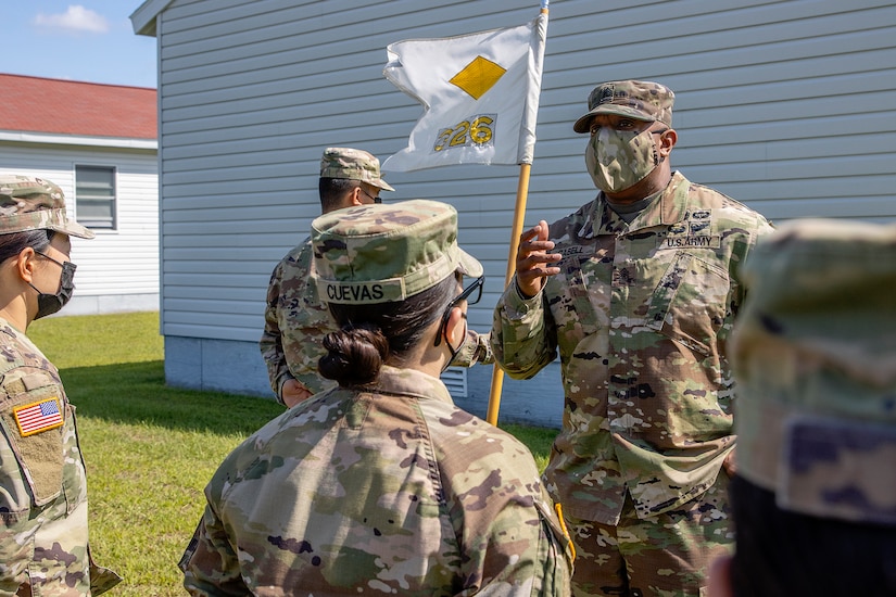 Sgt. Maj. Darnell Cabell, senior enlisted leader and principle advisor to the military deputy to the Assistant Secretary of the Army for Financial Management and Comptroller, addresses 326th Financial Management Support Center Soldiers during Diamond Saber at Fort McCoy, Wisconsin, Aug. 17, 2021. Diamond Saber is a U.S. Army Reserve-led exercise that incorporates all Army components and joint services, and it prepares finance and comptroller Soldiers on warfighting functions such as funding the force, payment support, disbursing operations, accounting, fiscal stewardship, auditability and data analytics. (U.S. Army photo by Mark R. W. Orders-Woempner)