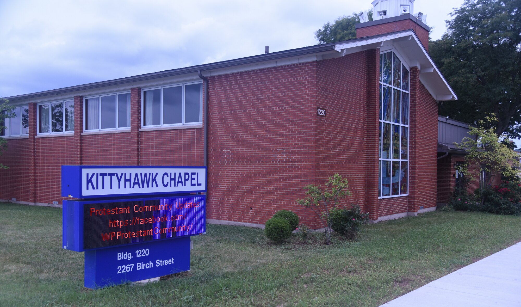 The 88th Air Base Wing Kittyhawk Chapel is home to Protestant, Catholic, Reconciliation and Mass services, and invites Airmen to embrace spirituality at Wright-Patterson Air Force Base, Ohio, Aug. 31, 2021. The chapel community recognizes worship, community and spiritual wellness as key components to Air Force readiness. (U.S. Air Force photo by Darrius Parker)