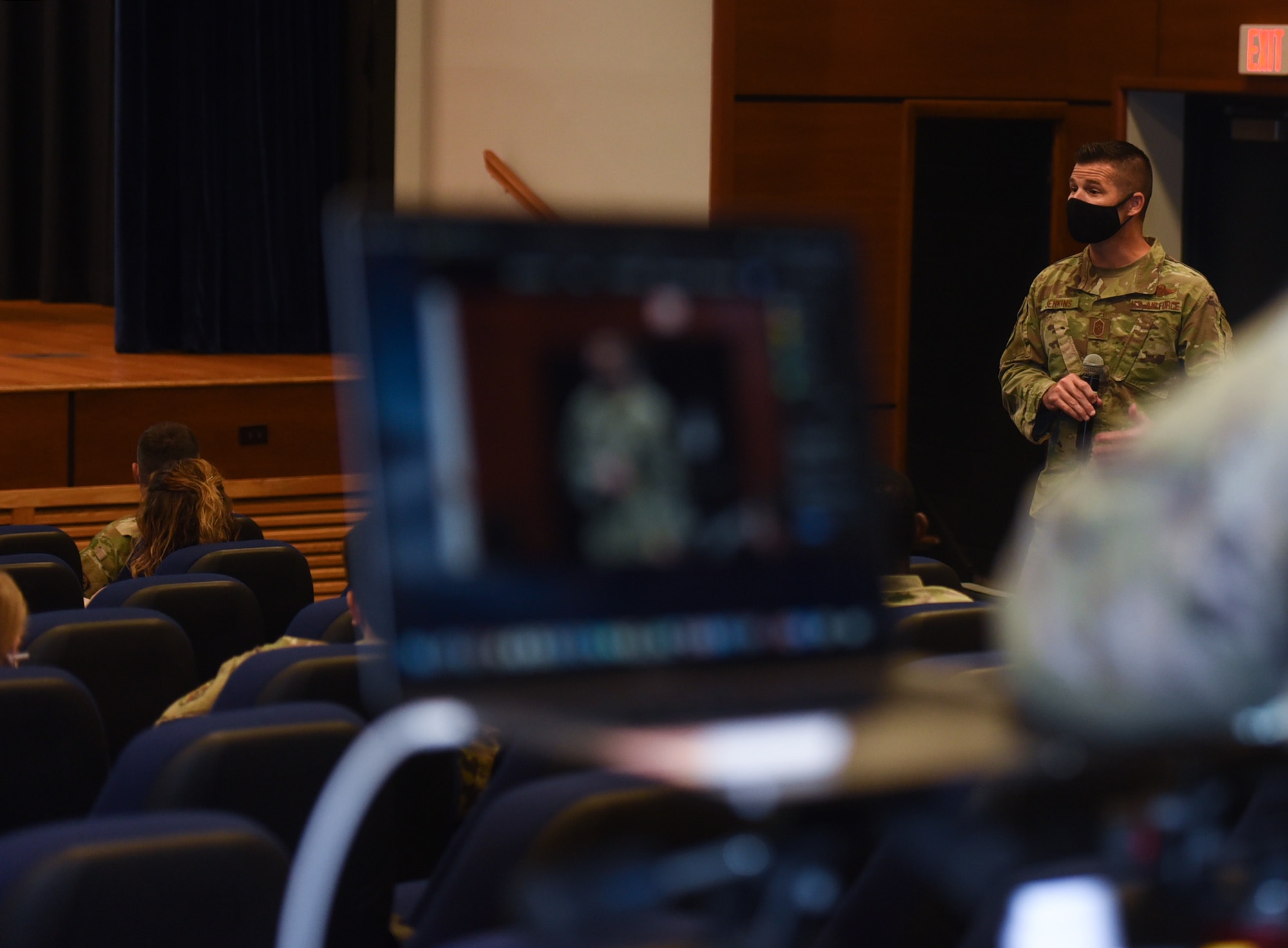 U.S. Air Force Colonel Wes Adams, Joint Base McGuire-Dix-Lakehurst and the 87th Air Base Wing commander, hosts an introductory Commanders Call for members of the 87th ABW September 1, 2021 on Joint Base MDL, New Jersey. The Commanders Call included informational discussions from multiple base agencies such as Area Defense Council, Public Affairs, Medical Group and others. Adams discussed current events and answered questions from the live audience as well as through Zoom. As commander of Joint Base MDL and the 87th ABW, Adams provides installation support to more than 80 mission partners at the Defense Department’s only tri-service joint base. He is also responsible for providing mission-ready expeditionary Airmen, Soldiers and Sailors to combatant commanders in support of joint and coalition operations.