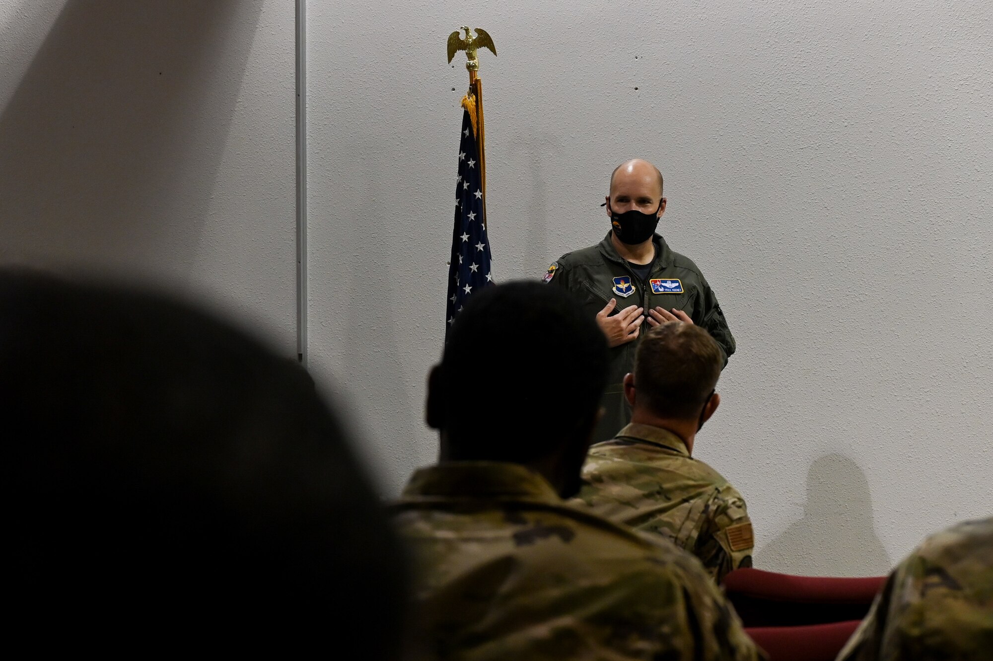 Col. Ryan Keeney, 49th Wing commander, welcomes Task Force Holloman personnel Aug. 27, 2021 on Holloman Air Force Base, New Mexico. The Department of Defense, through U.S. Northern Command, and in support of the Department of Homeland Security, is providing transportation, temporary housing, medical screening, and general support for up to 50,000 Afghan evacuees at suitable facilities, in permanent or temporary structures, as quickly as possible. This initiative provides Afghan personnel essential support at secure locations outside Afghanistan. (U.S. Air Force photo by Tech. Sgt. BreeAnn Sachs)
