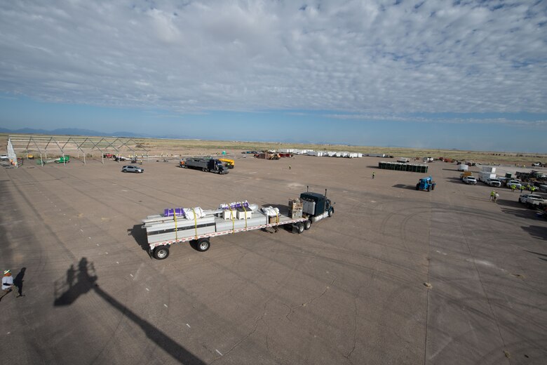 The area designated for the future Afghan personnel housing facility can be seen during construction in support of Operation Allies Welcome, Aug. 29, 2021, on Holloman Air Force Base, New Mexico. The Department of Defense, through U.S. Northern Command, and in support of the Department of Homeland Security, is providing transportation, temporary housing, medical screening, and general support for up to 50,000 Afghan evacuees at suitable facilities, in permanent or temporary structures, as quickly as possible. This initiative provides Afghan personnel essential support at secure locations outside Afghanistan. (U.S. Air Force photo by Staff Sgt. Christopher S. Sparks)