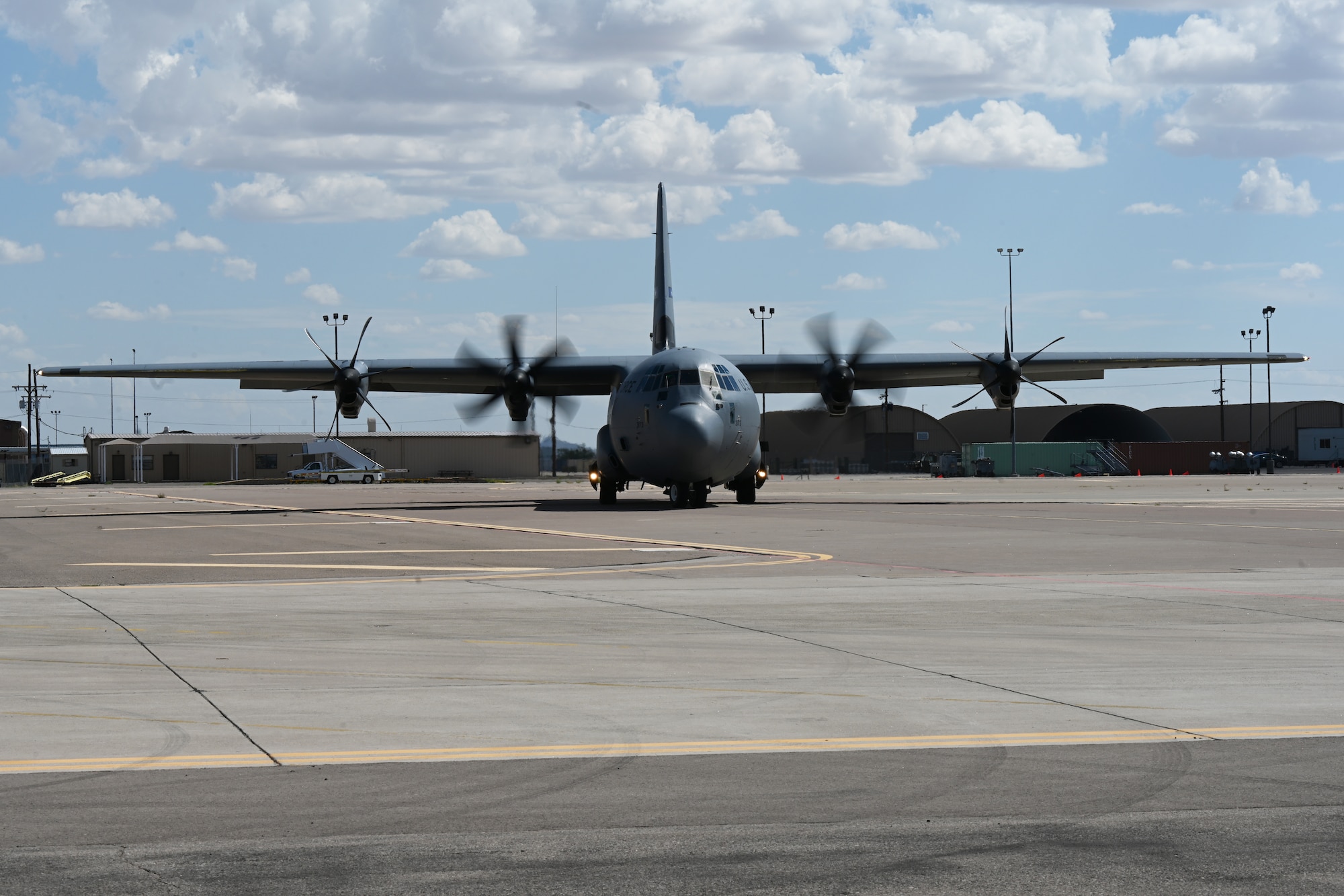 A U.S. Air Force Lockheed C-130 Hercules taxis after landing in support of Department of State-led Operation Allies Welcome, Aug. 31, 2021, on Holloman Air Force Base, New Mexico. The Department of Defense, through U.S. Northern Command, and in support of the Department of Homeland Security, is providing transportation, temporary housing, medical screening, and general support for up to 50,000 Afghan evacuees at suitable facilities, in permanent or temporary structures, as quickly as possible. This initiative provides Afghan personnel essential support at secure locations outside Afghanistan. (U.S. Air Force photo by Staff Sgt. Christopher S. Sparks)