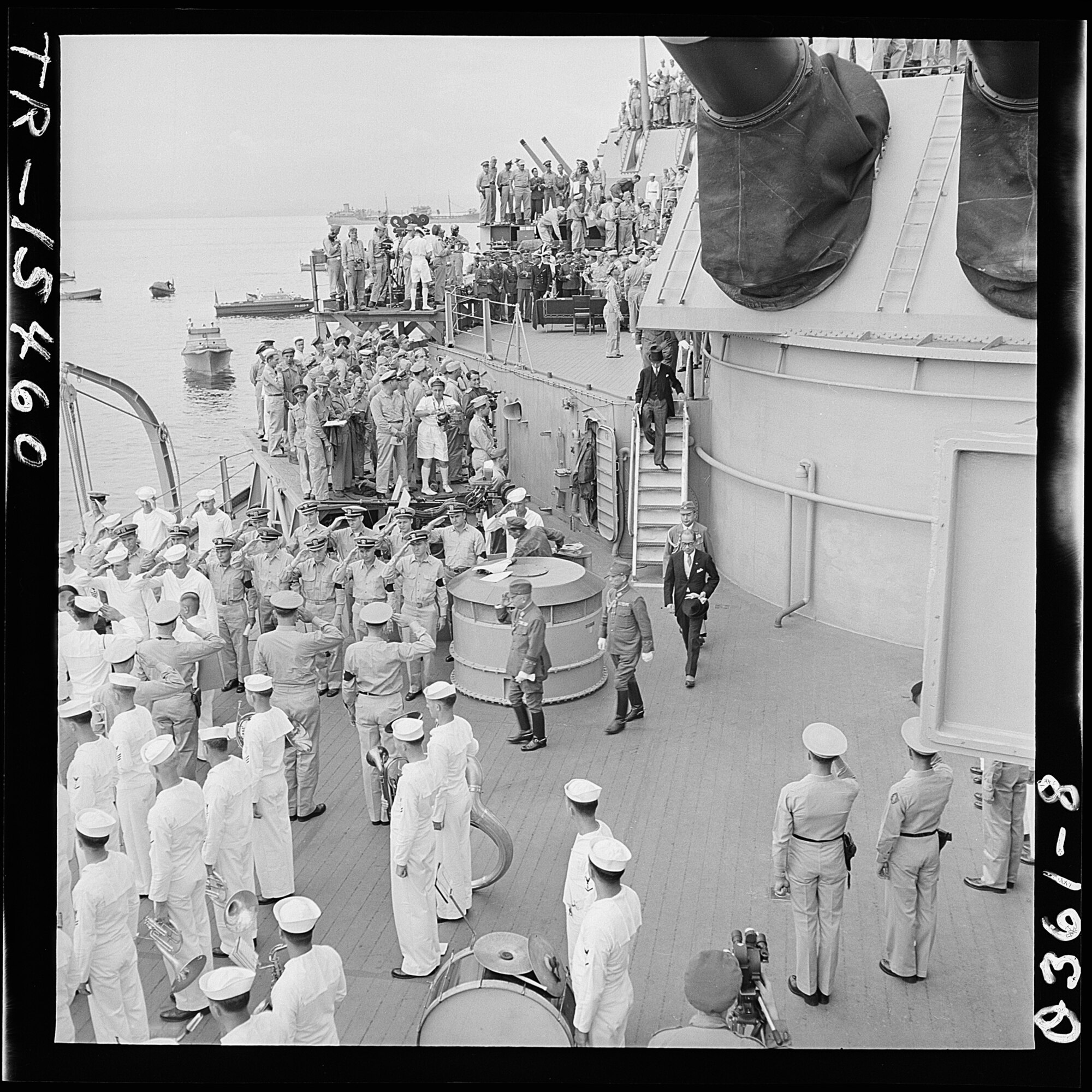 The Japanese envoy leaves the USS Missouri following the signing of the formal surrender Sept.2, 2021. Today, the U.S. commemorates the victory in Japan, or VJ Day, on September 2. (U.S. Navy file photo)