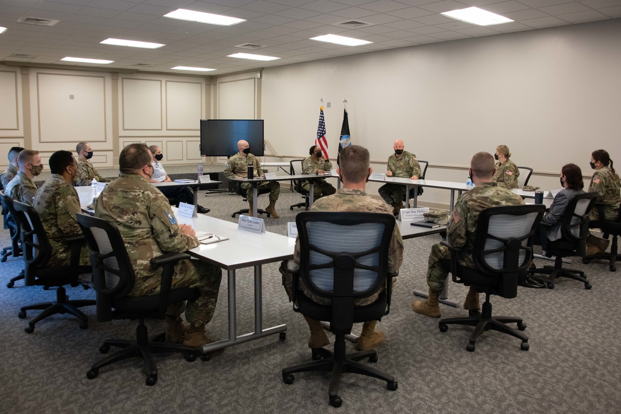 Maxwell AFB, Ala. – U.S. Space Force Chief of Space Operations Gen. John W. “Jay” Raymond, visits with leadership and staff of Space Training and Readiness Command’s Space Delta 13 Sep. 1, 2021. Initially housed on Maxwell AFB, Delta 13 will lead institutional developmental education and develop officer accessions.  (U.S. Air Force photo by Melanie Rodgers Cox)