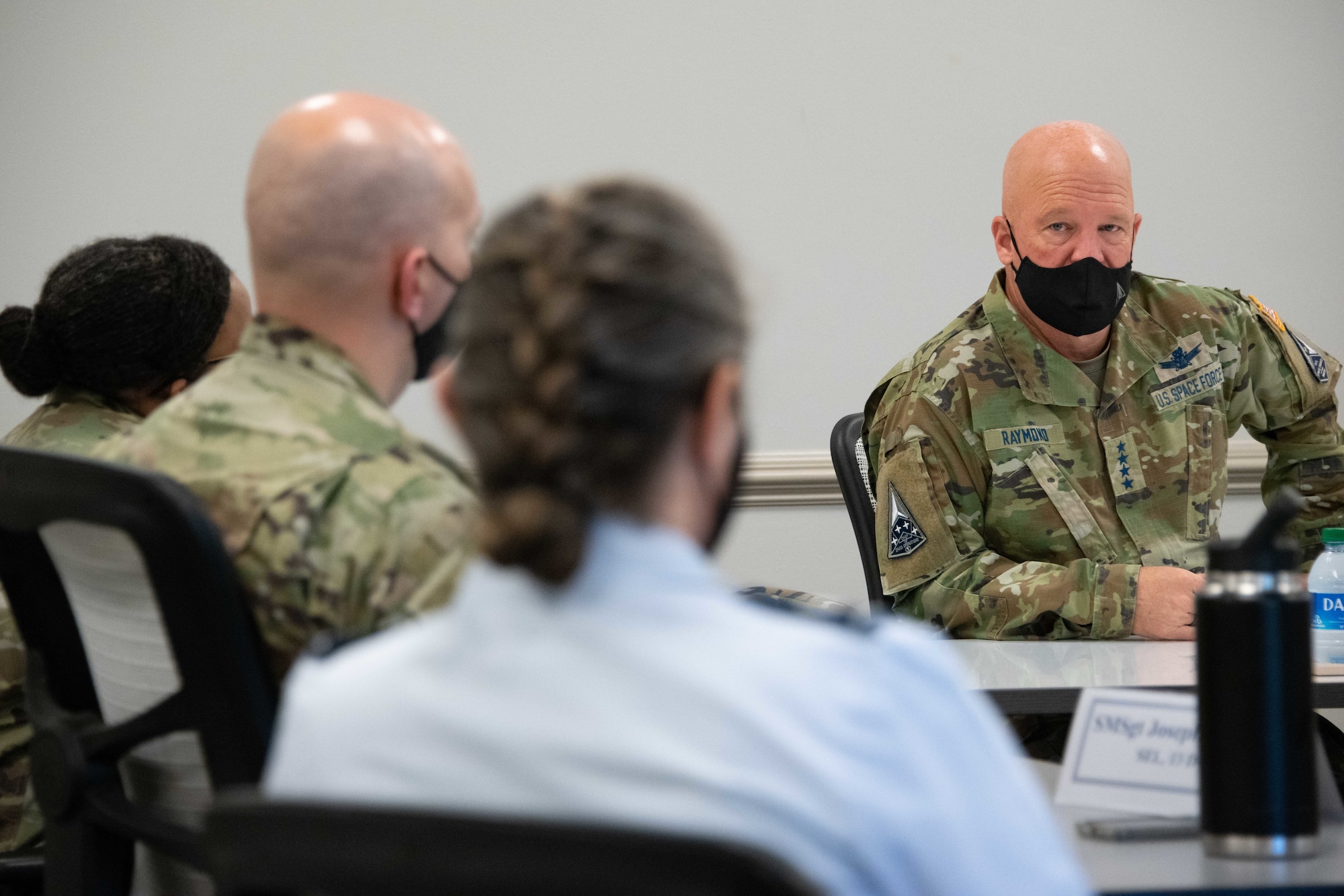 Maxwell AFB, Ala. – U.S. Space Force Chief of Space Operations Gen. John W. “Jay” Raymond, visits with leadership and staff of Space Training and Readiness Command’s Space Delta 13 Sep. 1, 2021. Initially housed on Maxwell AFB, Delta 13 will lead institutional developmental education and develop officer accessions.  (U.S. Air Force photo by Melanie Rodgers Cox)