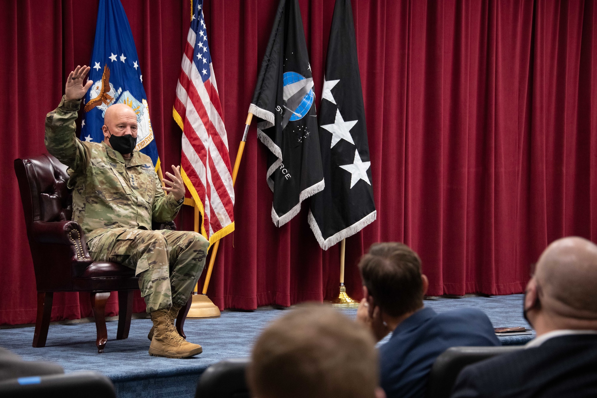 Maxwell AFB, Ala. – U.S. Space Force Chief of Space Operations Gen. John W.  “Jay” Raymond, discusses USSF, Space Training and Readiness Command, and common space issues faced by America and partner nations with Air Command and Staff College’s Schriever Space Scholars and Air War College’s West Space Seminar, Sep. 1, 2021. Raymond visited Air University schools and the staff of Space Training and Readiness Command’s Space Delta 13. (U.S. Air Force photo by Melanie Rodgers Cox)