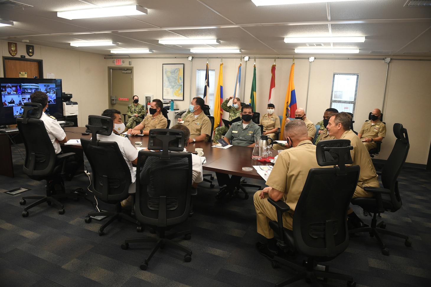 210902-N-DB801-0001
MAYPORT, Fla. - (Sept. 2, 2021) -- Rear Adm. Don Gabrielson, commander of U.S. Naval Forces Southern Command/ U.S. 4th Fleet, hosts leadership from 10 South American partner nations for a virtual roundtable discussion, Sept. 2, 2021. Gabrielson also introduced his replacement, Rear Adm. James Aiken, who will take command on Sept. 3, to the partner nation’s leadership. U.S. Naval Forces Southern Command/U.S. 4th Fleet supports U.S. Southern Command’s joint and combined military operations by employing maritime forces in cooperative maritime security operations to maintain access, enhance interoperability, and build enduring partnerships in order to enhance regional security and promote peace, stability and prosperity in the Caribbean, Central and South American region. (U.S. Navy photo by Mass Communication Specialist 1st Class Steven Khor/Released)