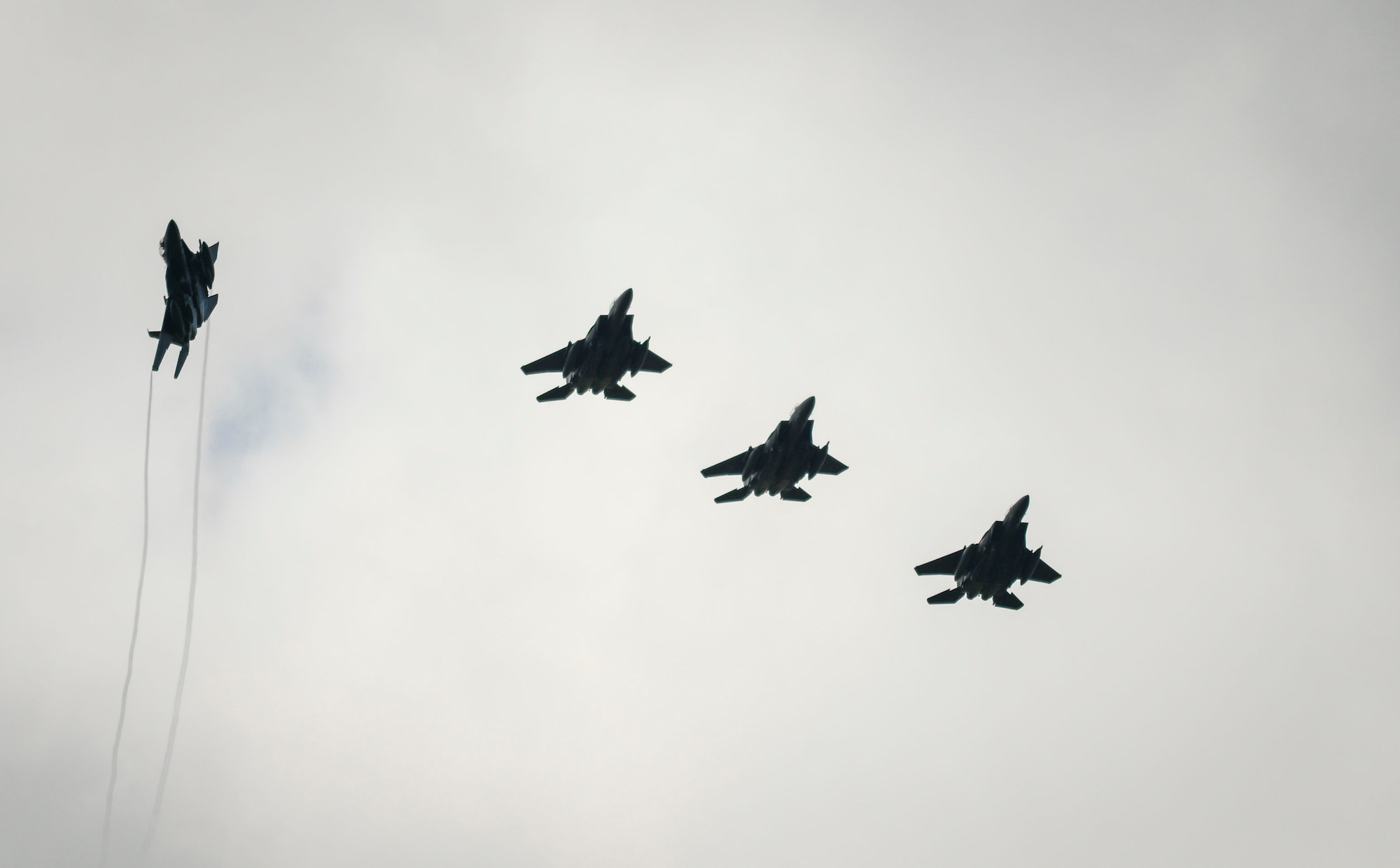 A formation of F-15E Strike Eagles assigned to the 492d Fighter Squadron approach for landing during an Agile Combat Employment exercise at RAF Fairford, England, Aug. 23, 2021. The exercise enables U.S. forces in Europe to operate from locations with varying levels of capacity and support. This further ensures Airmen and aircrews are postured to deliver lethal combat power across the full spectrum of military operations. (U.S. Air Force photo by Master Sgt. Jeff Andrejcik)