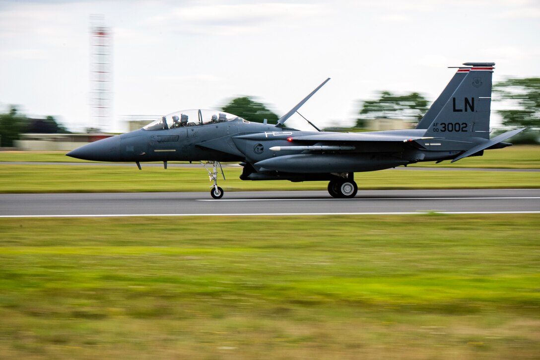 An F-15E Strike Eagle assigned to the 492d Fighter Squadron, lands during an Agile Combat Employment exercise at RAF Fairford, England, Aug. 25, 2021. The exercise enables U.S. forces in Europe to operate from locations with varying levels of capacity and support. This further ensures Airmen and aircrews are postured to deliver lethal combat power across the full spectrum of military operations. (U.S. Air Force photo by Senior Airman Eugene Oliver)