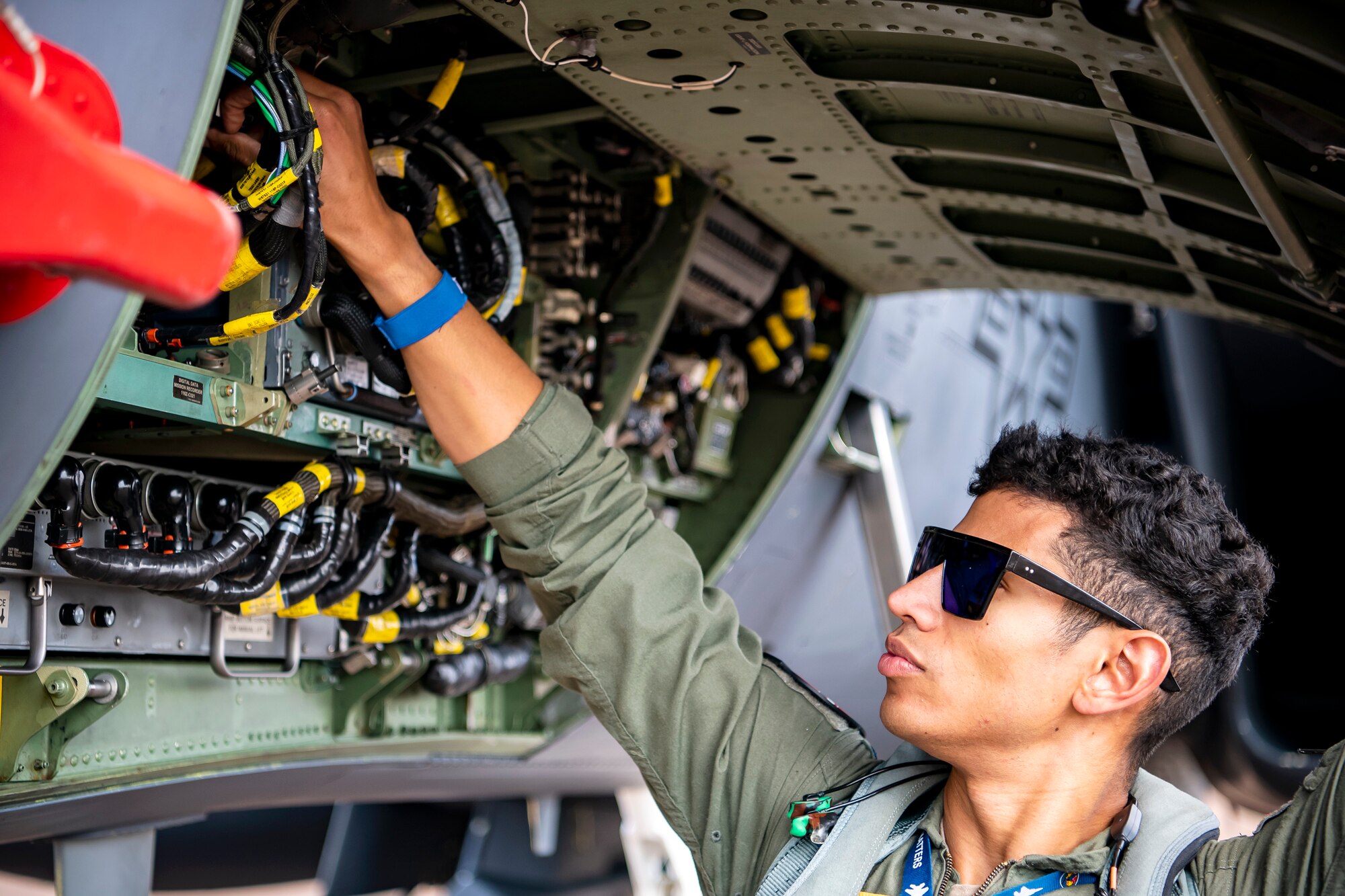 U.S. Air Force 1st Lt. Kyle Gager, 492d Fighter Squadron weapons systems officer, inspects the internal components of an F-15E Strike Eagle during an Agile Combat Employment exercise at RAF Fairford, England, Aug. 23, 2021. Utilizing ACE concepts ensures that U.S. forces in Europe are better equipped to operate from locations with varying levels of capacity and support to accomplish the mission. (U.S. Air Force photo by Senior Airman Eugene Oliver)