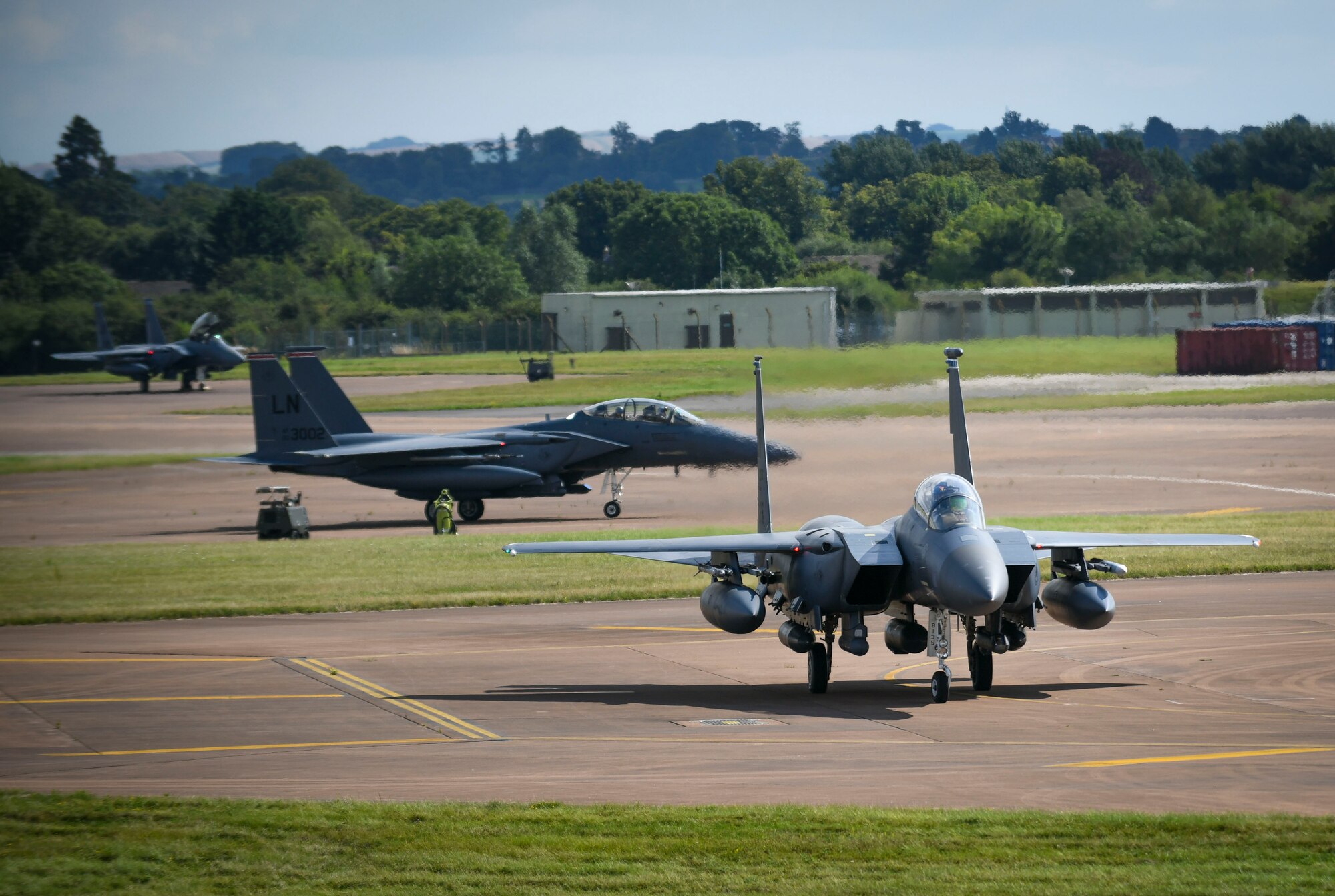 Several F-15E Strike Eagle’s assigned to the 492d Fighter Squadron arrive in support of an Agile Combat Employment exercise at RAF Fairford, England, Aug. 23, 2021. The exercise enables U.S. forces in Europe to operate from locations with varying levels of capacity and support. This further ensures Airmen and aircrews are postured to deliver lethal combat power across the full spectrum of military operations. (U.S. Air Force photo by Master Sgt. Jeff Andrejcik)