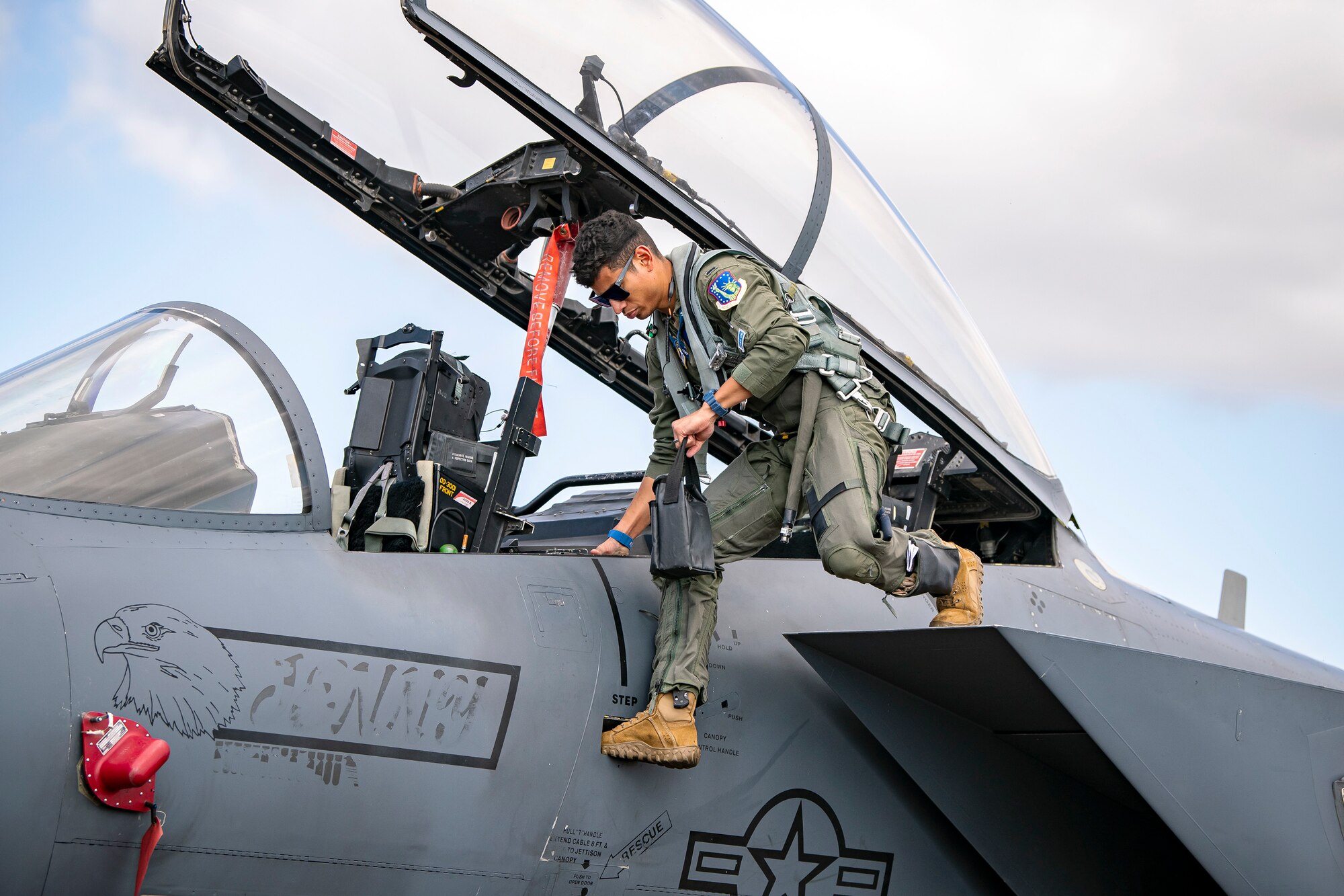 U.S. Air Force 1st Lt. Kyle Gager, 492d Fighter Squadron weapons systems officer, steps out of the cockpit of an F-15E Strike Eagle during an Agile Combat Employment exercise at RAF Fairford, England, Aug. 23, 2021. Utilizing ACE concepts ensures that U.S. forces in Europe are better equipped to operate from locations with varying levels of capacity and support to accomplish the mission. This further ensures Airmen and aircrews are postured to deliver lethal combat power across the full spectrum of military operations. (U.S. Air Force photo by Senior Airman Eugene Oliver)