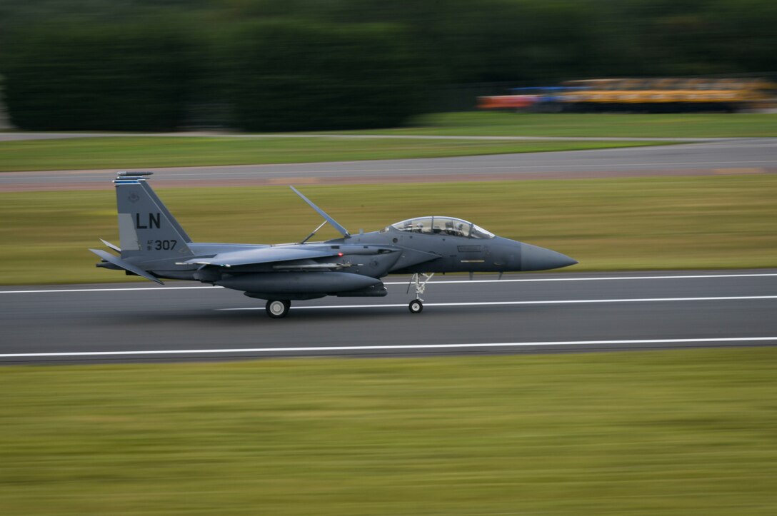 Several F-15E Strike Eagle’s assigned to the 492d Fighter Squadron arrive in support of an Agile Combat Employment exercise at RAF Fairford, England, Aug. 23, 2021. The exercise enables U.S. forces in Europe to operate from locations with varying levels of capacity and support. This further ensures Airmen and aircrews are postured to deliver lethal combat power across the full spectrum of military operations. (U.S. Air Force photo by Master Sgt. Jeff Andrejcik)