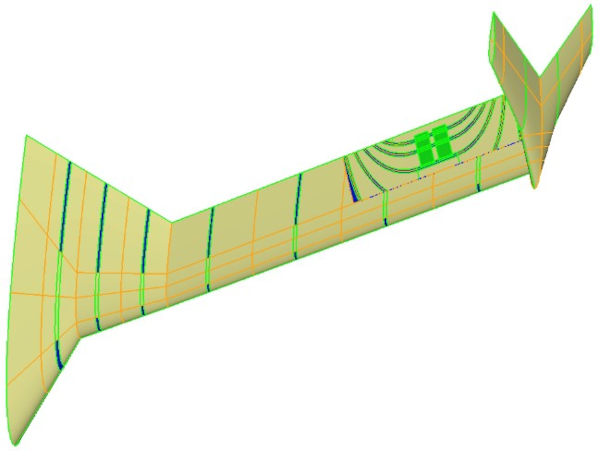 Green and orange illustration of aileron technology.  This illustration highlights the innovations the Aerospace Systems Directorate team achieved in advancing aileron technologies.