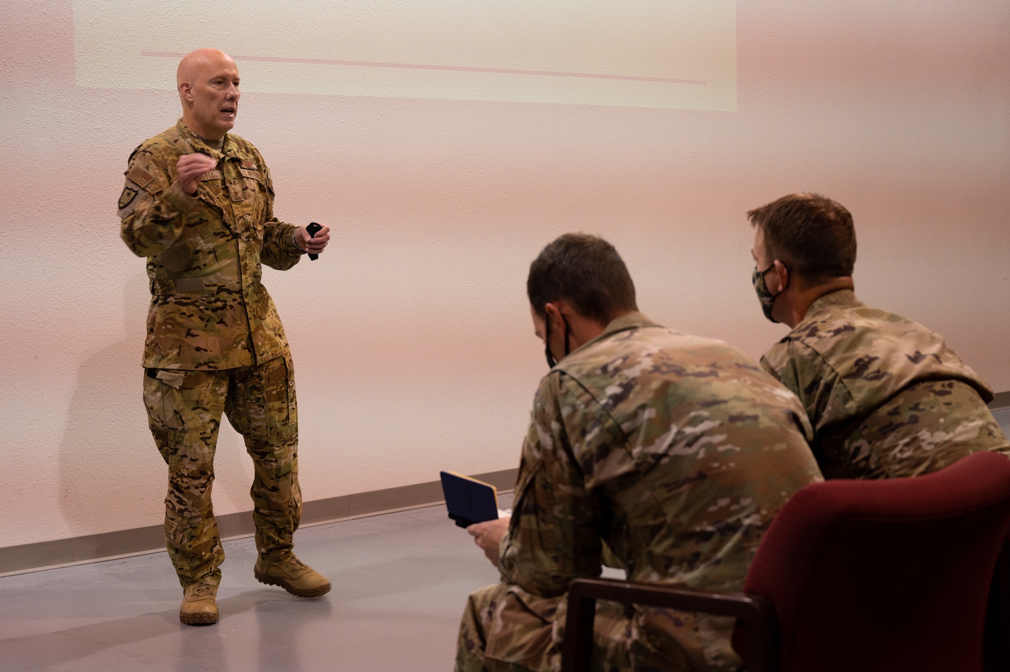 Brig. Gen. Daniel E. Gabrielli, Task Force-Holloman commander, welcomes TF-H personnel Aug. 27, 2021 on Holloman Air Force Base, New Mexico. The Department of Defense, through U.S. Northern Command, and in support of the Department of Homeland Security, is providing transportation, temporary housing, medical screening, and general support for up to 50,000 Afghan evacuees at suitable facilities, in permanent or temporary structures, as quickly as possible. This initiative provides Afghan personnel essential support at secure locations outside Afghanistan. (Tech. Sgt. BreeAnn Sachs)