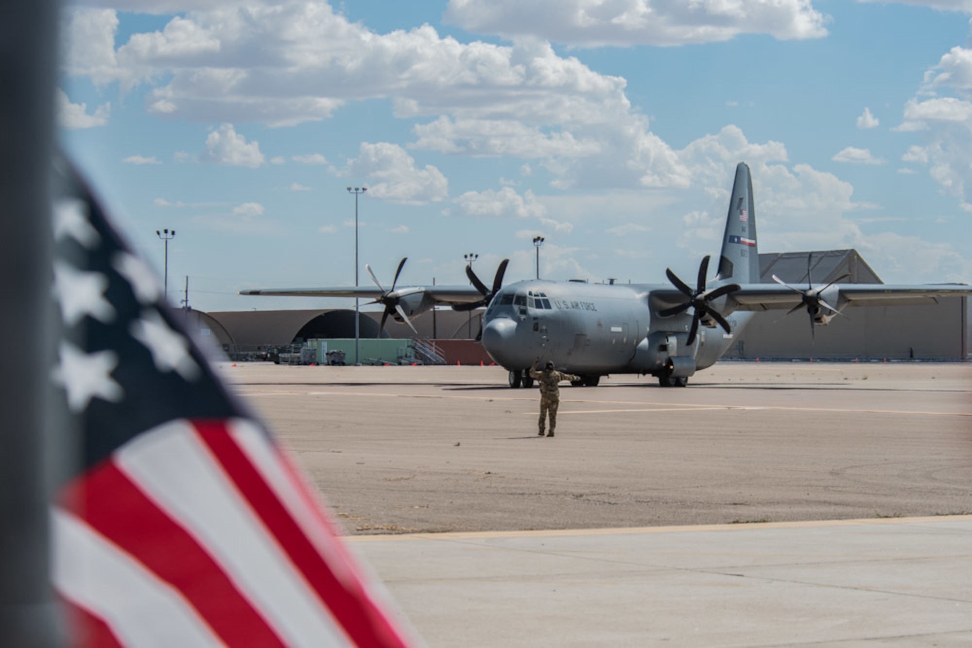 A C-130J Super Hercules carrying Afghan personnel taxis on the ramp at Holloman Air Force Base, New Mexico, Aug. 31, 2021. The Department of Defense, through U.S. Northern Command, and in support of the Department of Homeland Security, is providing transportation, temporary housing, medical screening, and general support for up to 50,000 Afghan evacuees at suitable facilities, in permanent or temporary structures, as quickly as possible. This initiative provides Afghan personnel essential support at secure locations outside Afghanistan. (U.S. Air Force photo by Staff Sgt. Kenneth Boyton)